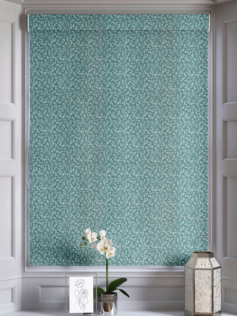 Azure Blue Shelby roman blind with floral cotton print, imported from the UK