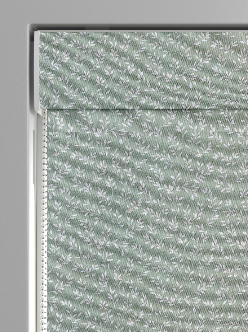 Sage green Shelby Roman blind with floral print, UK version