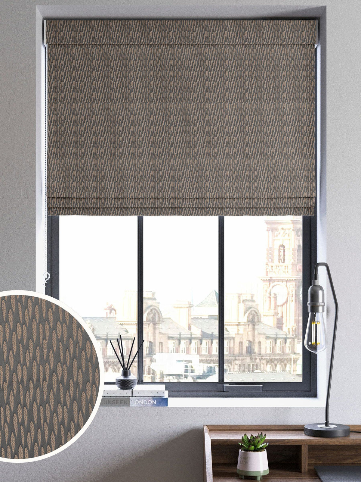 Bronze roman blinds with jacquard texture, made to measure - British product