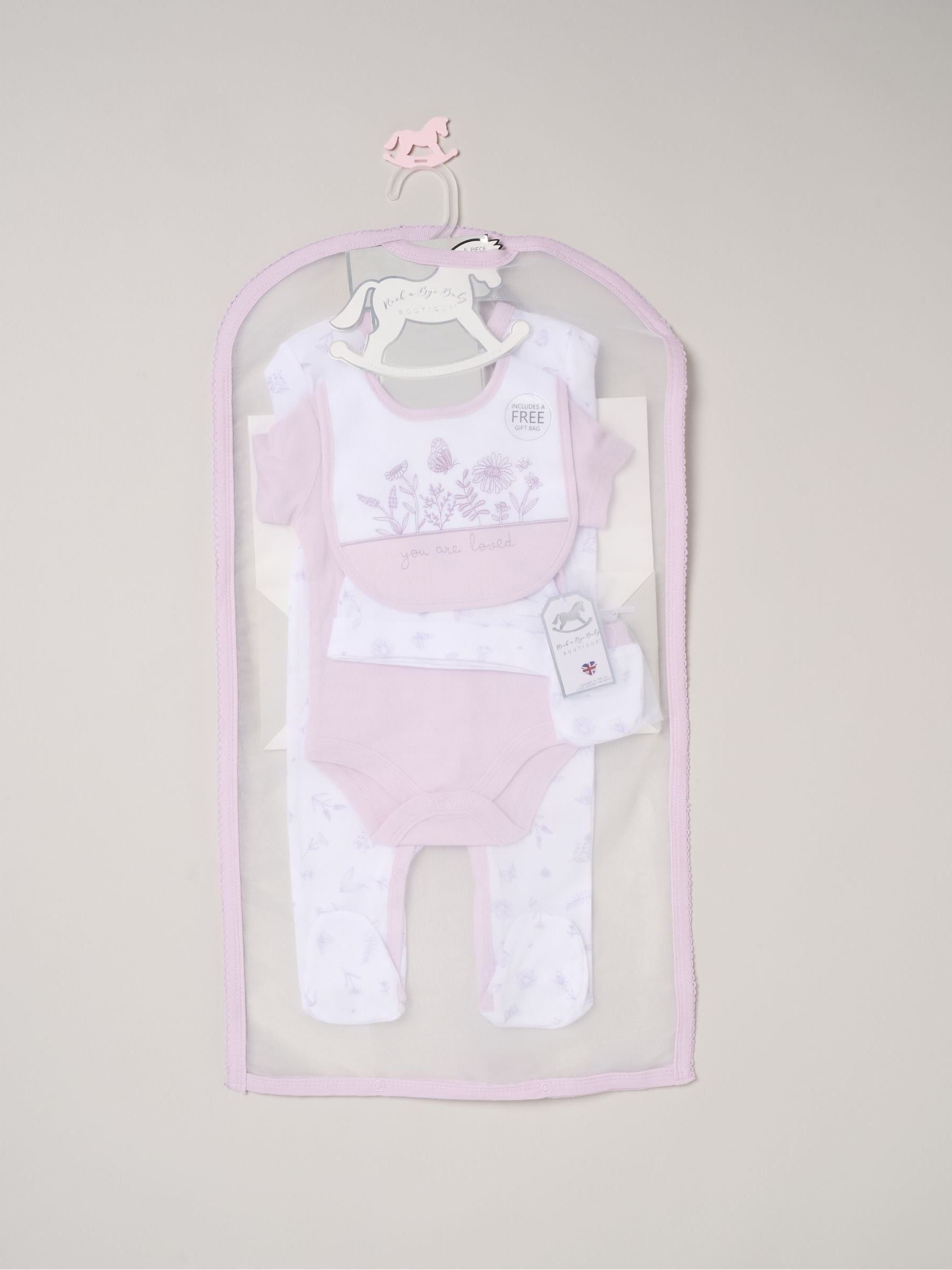 Rock-A-Bye Baby baby gift set with purple floral all-in-one - British product