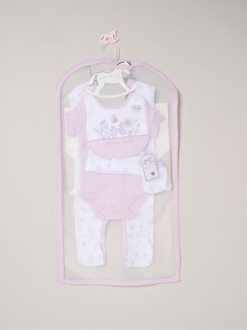 Rock-A-Bye Baby baby gift set with purple floral all-in-one - British product
