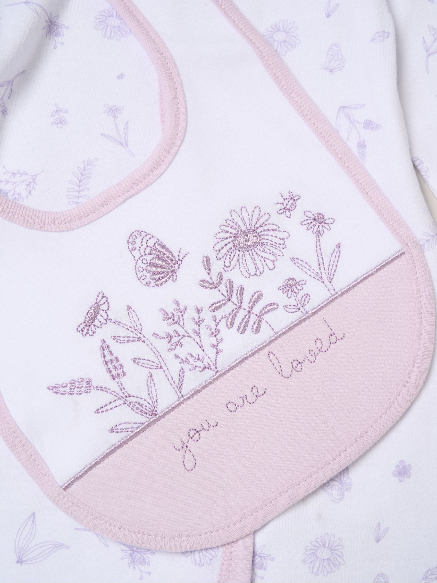 Rock-A-Bye Baby baby gift set with purple floral all-in-one - British product