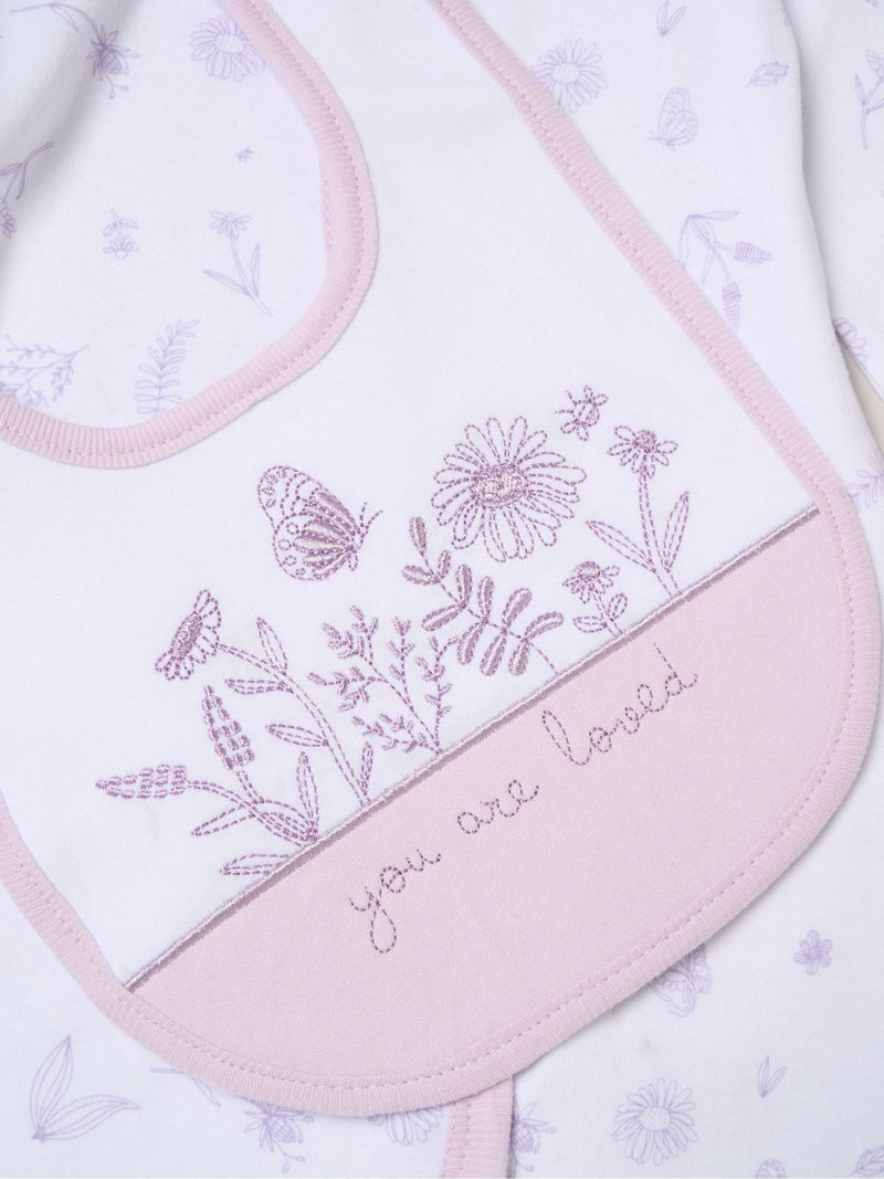 Rock-A-Bye Baby baby gift set with purple floral all-in-one - British product
