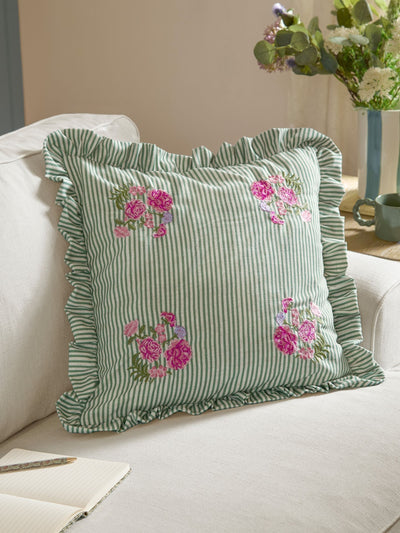Next Wylder Sage Martha Embroidered Ruffle Fibre Filled Cushion 50x50cm- Buy online at McGrocer