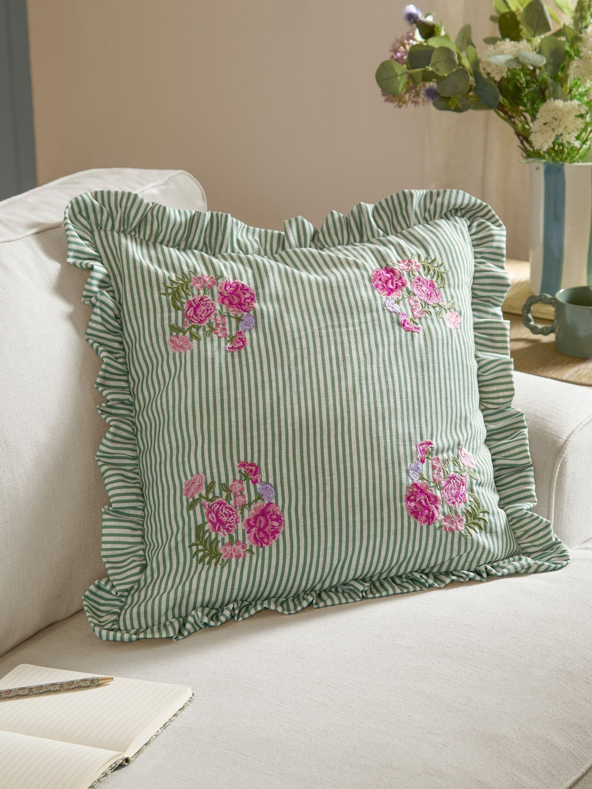 Wylder sage embroidered cushion 50x50, imported from the UK