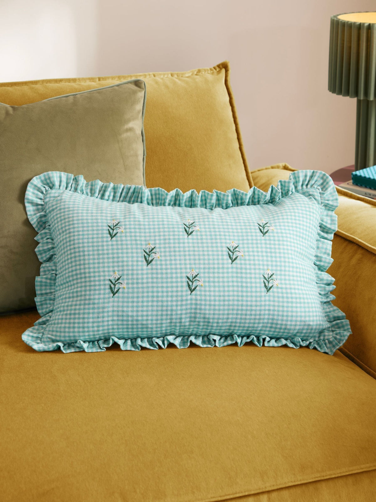 Furn Natural Les Petite Fleurs Gingham Ruffle Feather Filled Cushion 30x50cm