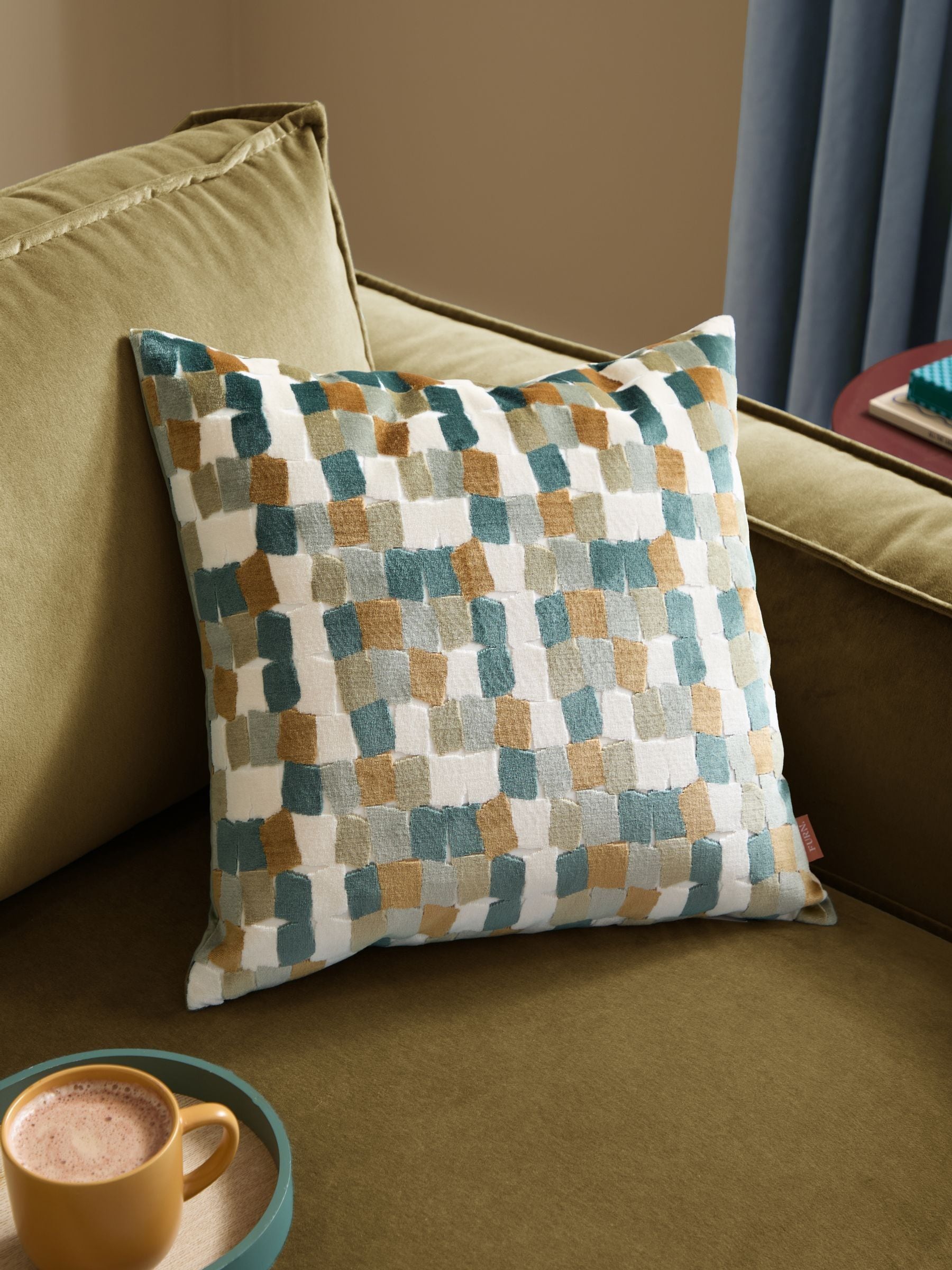 Furn Green Metro Blocks velvet jacquard feather filled cushion - British product
