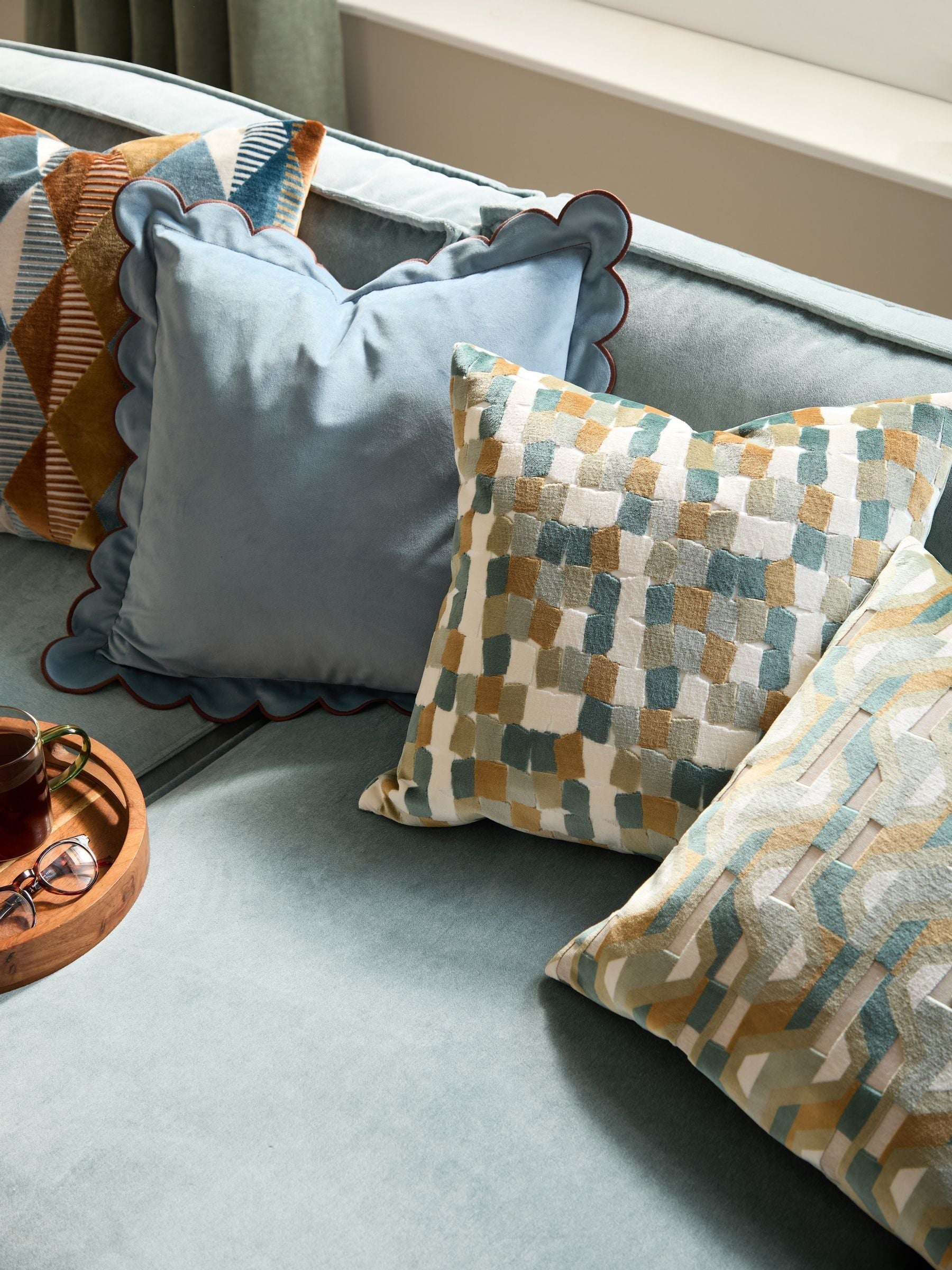 Furn Green Metro Blocks velvet jacquard feather filled cushion - British product