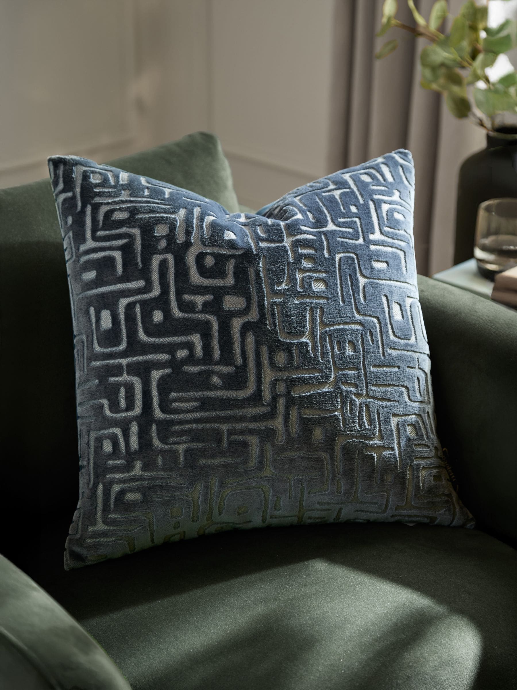 HÖEM Soren Cut Velvet Feather Filled Cushion Smoke Green 45x45cm