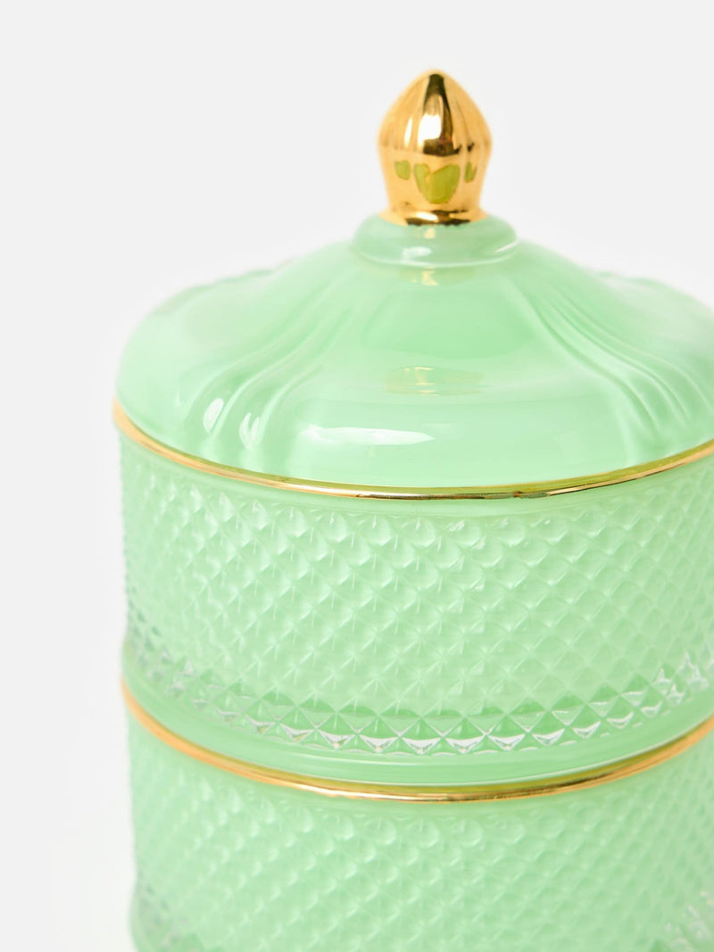 Oliver Bonas mint green glass stacking storage pot, imported from the UK