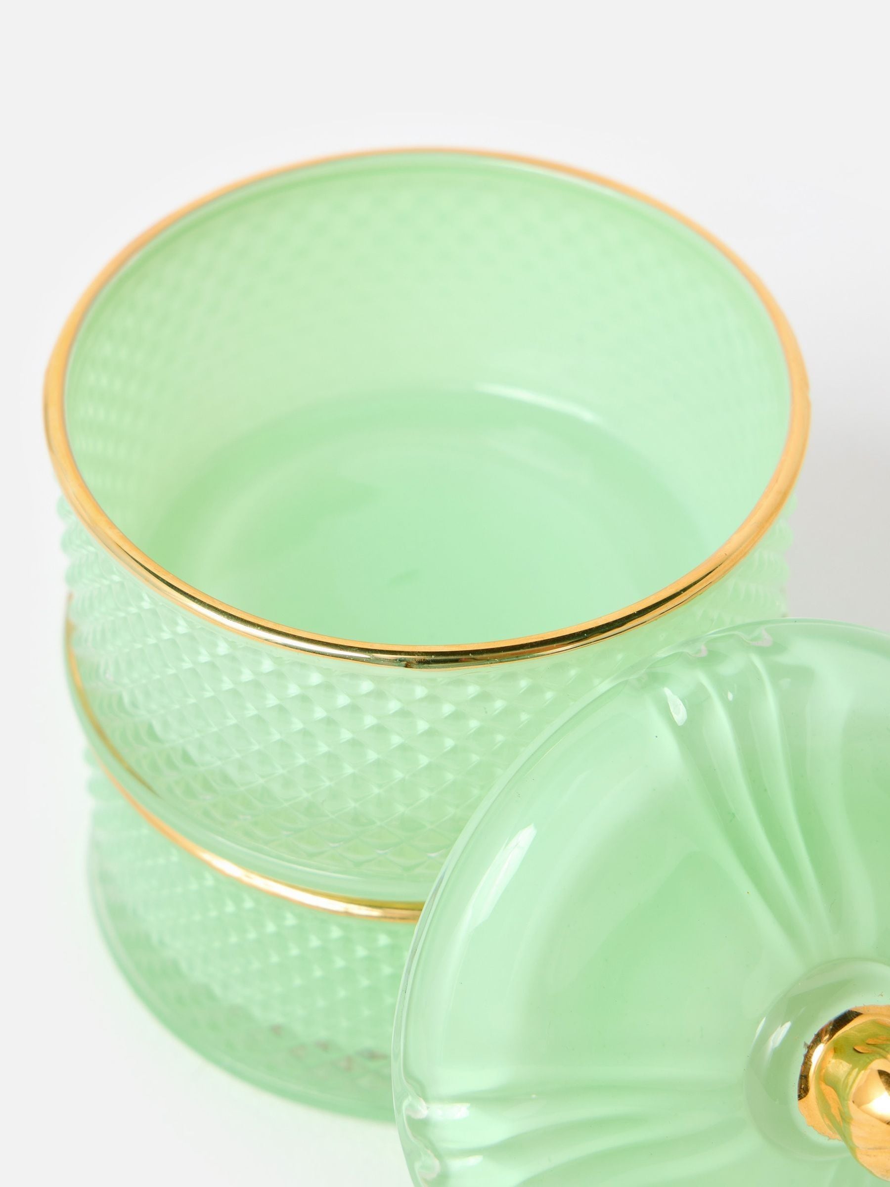 Oliver Bonas mint green glass stacking storage pot, imported from the UK