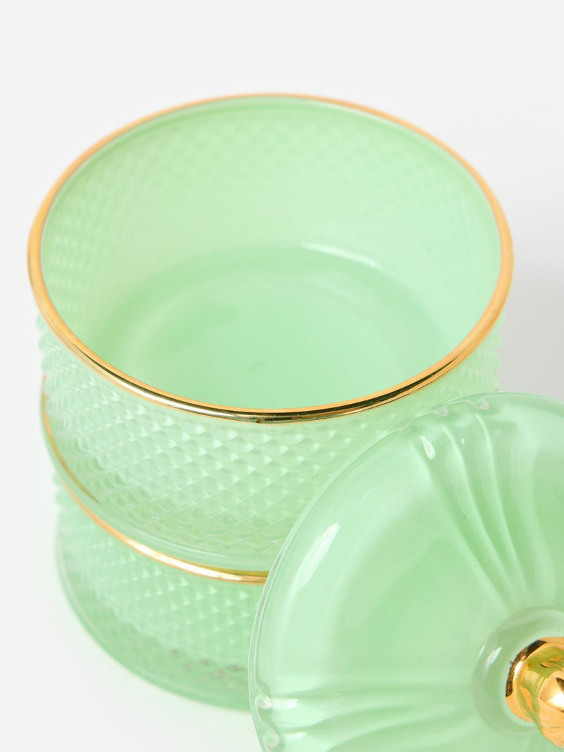 Oliver Bonas mint green glass stacking storage pot, imported from the UK