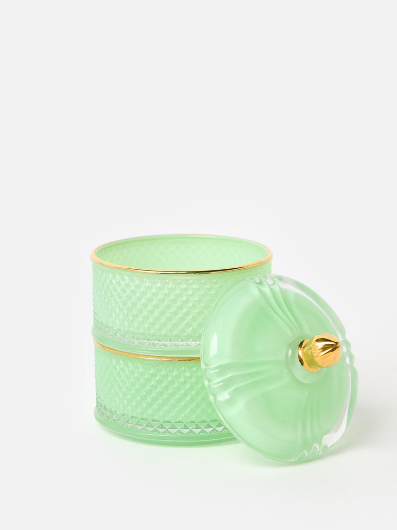 Oliver Bonas mint green glass stacking storage pot, imported from the UK