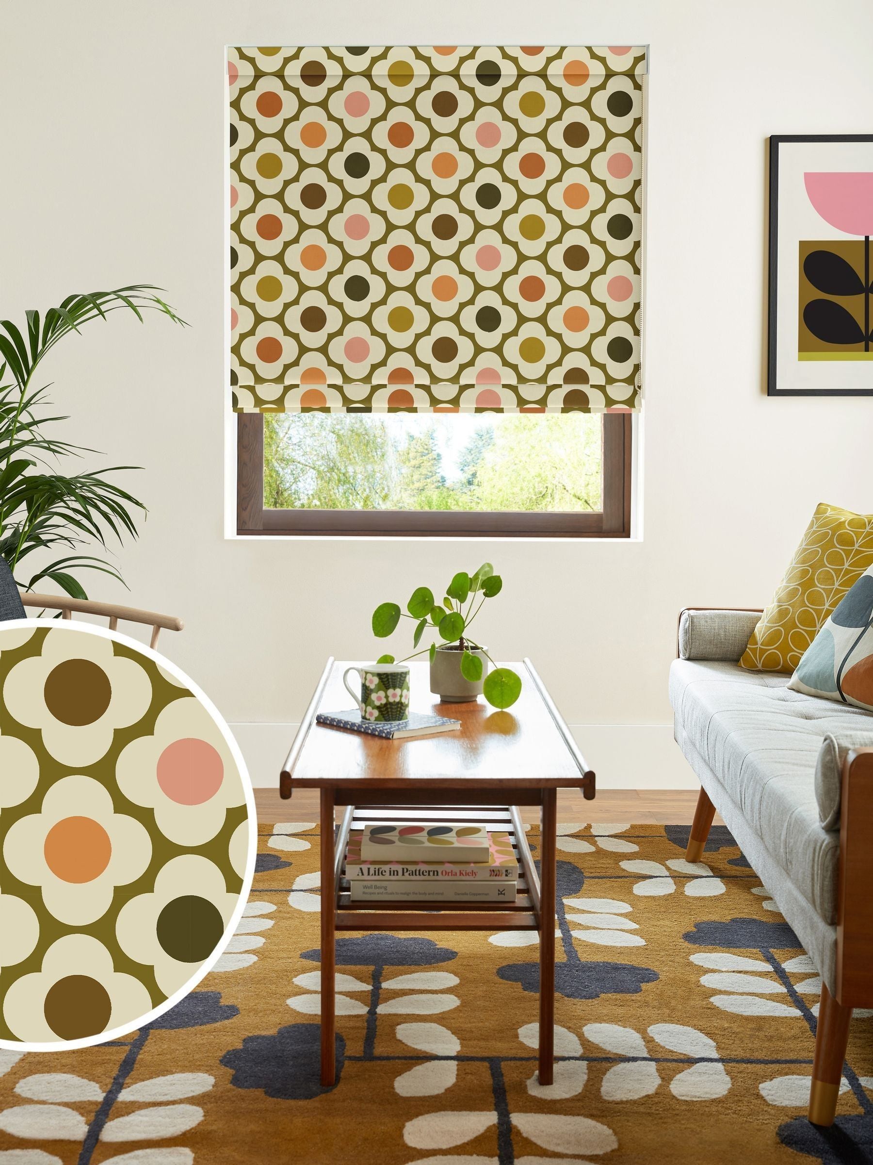 Orla Kiely roman blind with Multi Autumn Spot Flower design, UK version