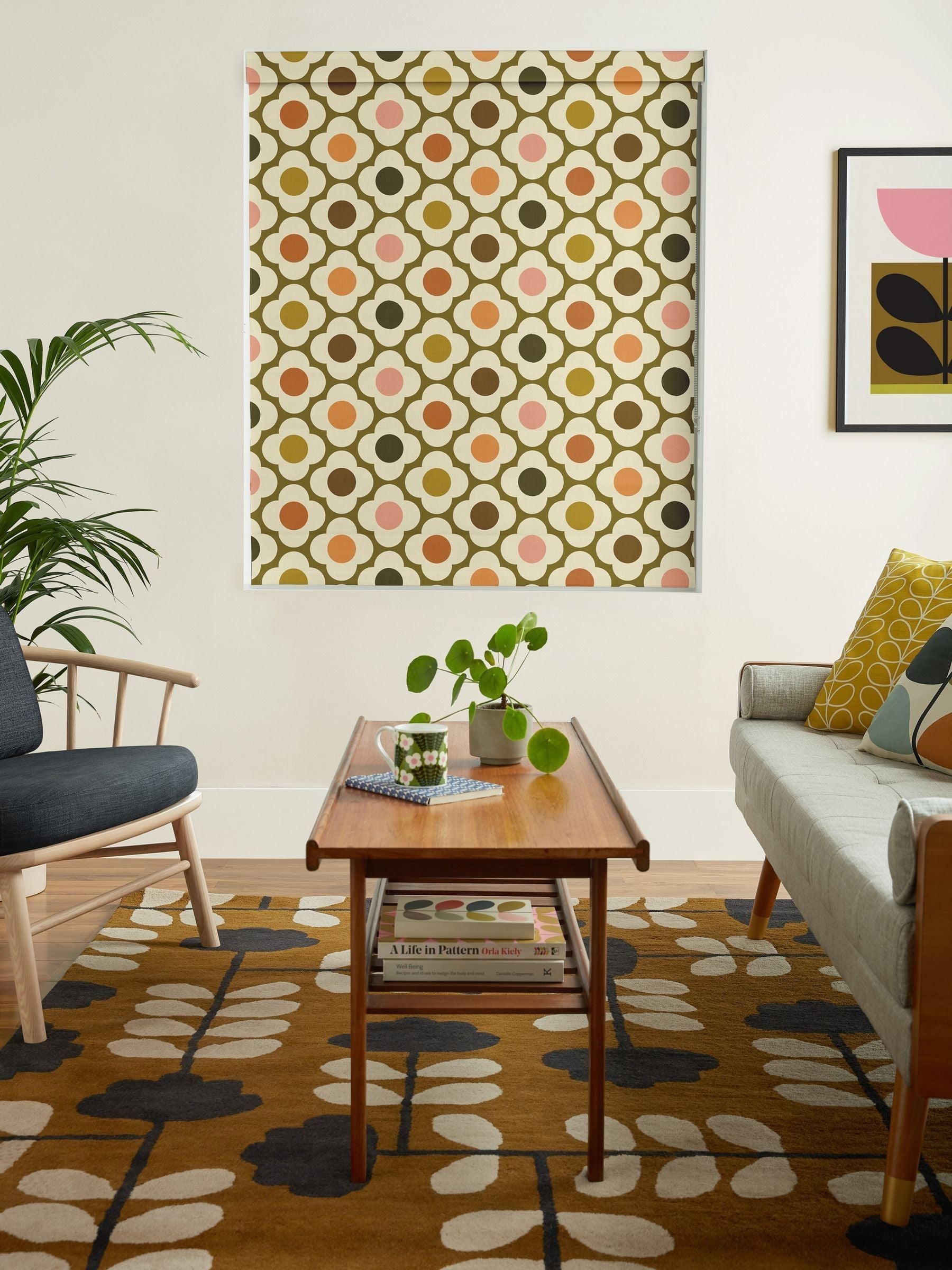Orla Kiely roman blind with Multi Autumn Spot Flower design, UK version