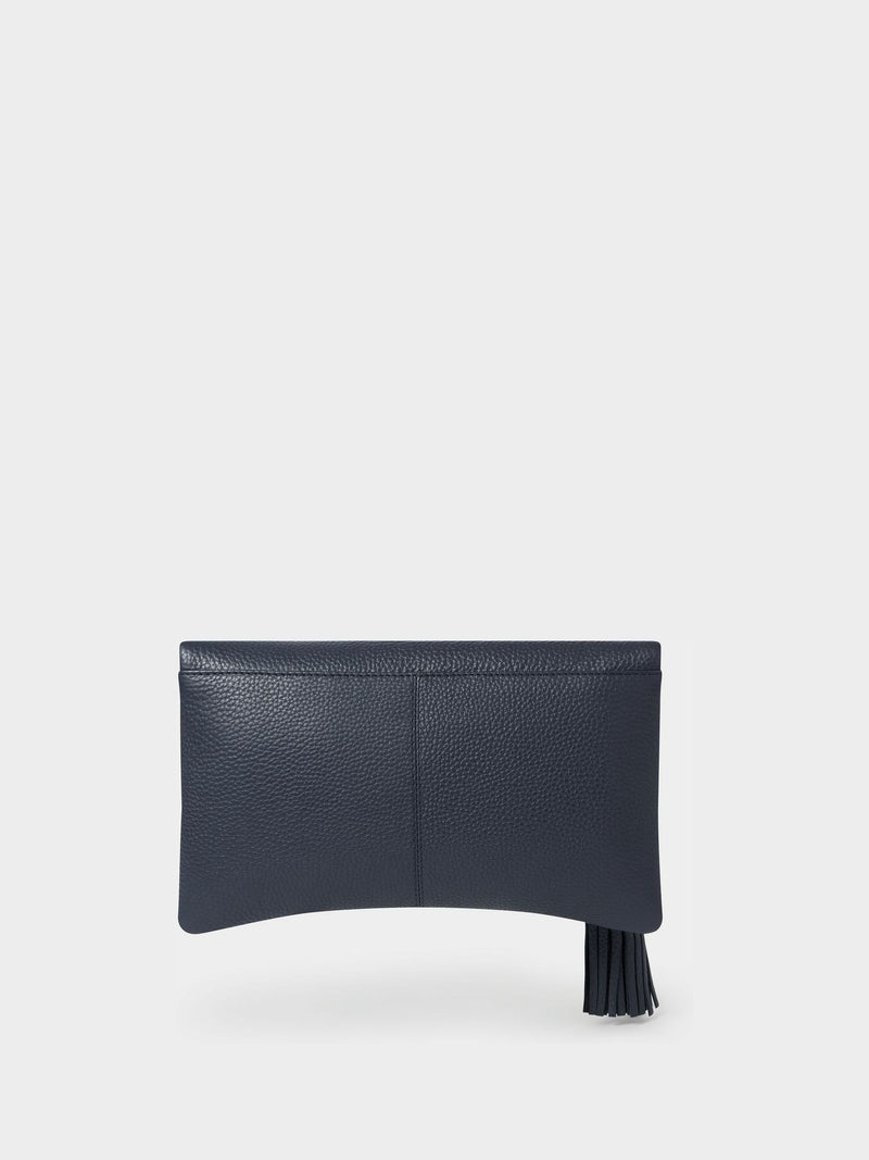 Osprey London blue Bexley grain leather clutch bag, imported from the UK