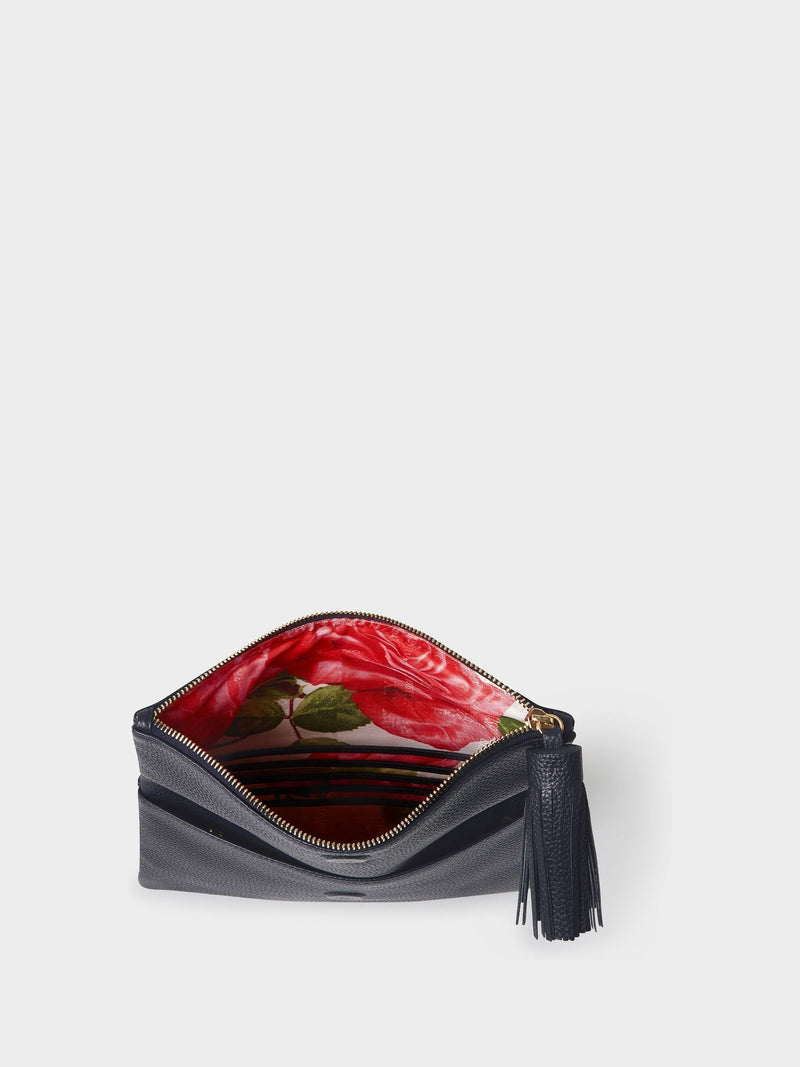 Osprey London blue Bexley grain leather clutch bag, imported from the UK