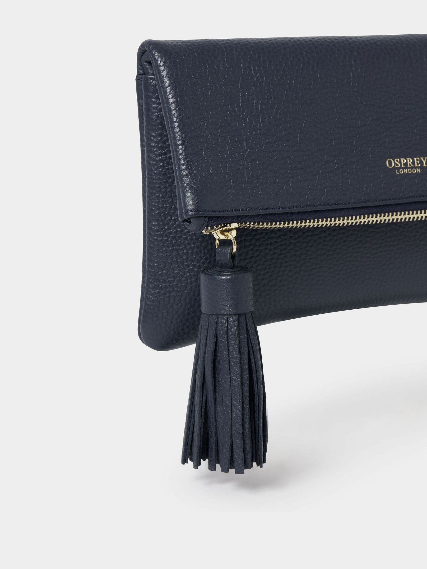 Osprey London blue Bexley grain leather clutch bag, imported from the UK