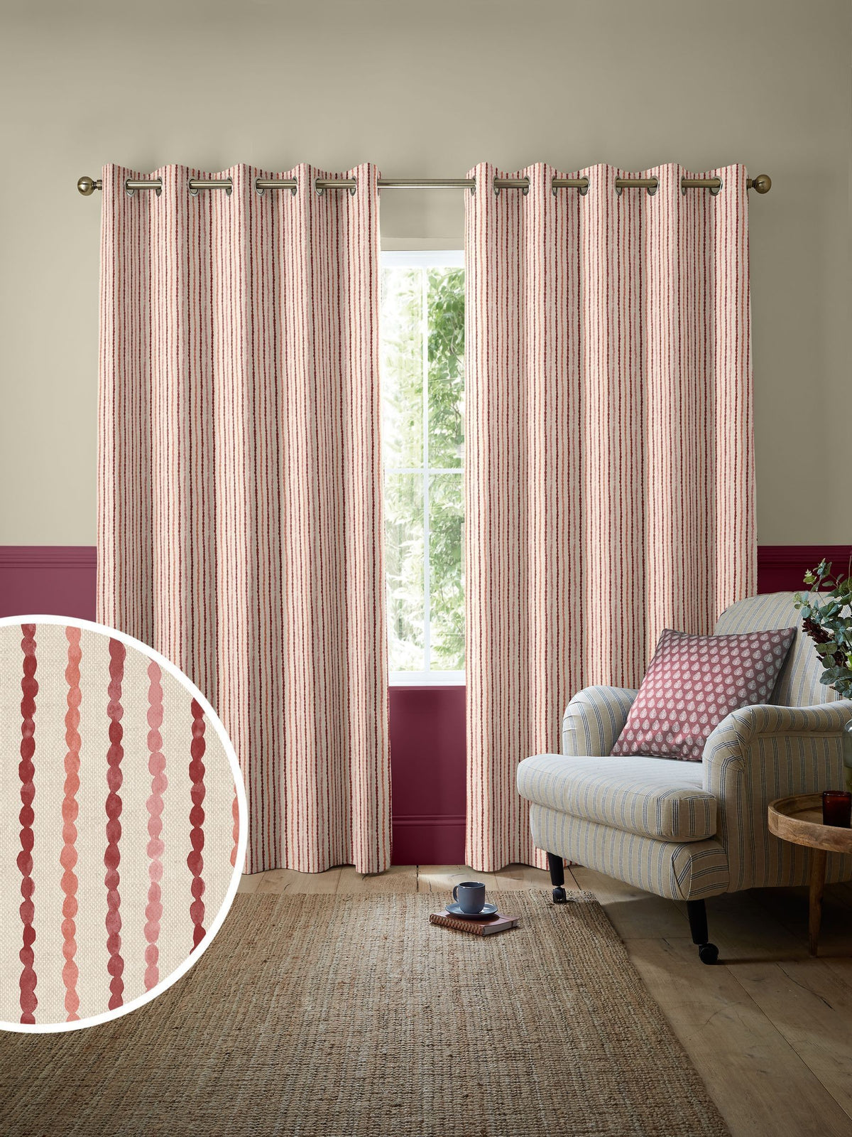 Emily Bond red Moroccan stripe made to measure curtains, imported from the UK