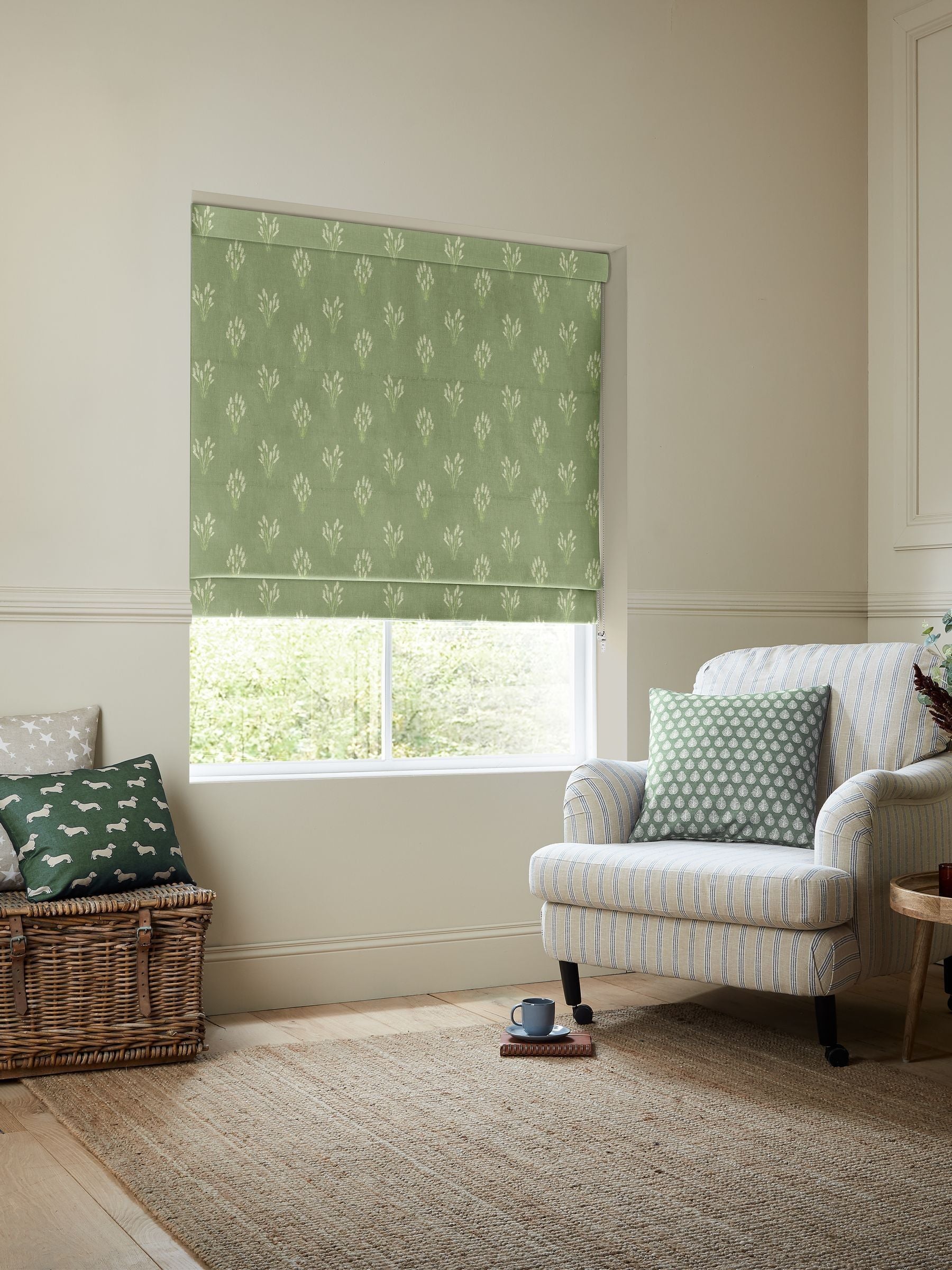 Emily Bond Hetty roman blind green grass design, UK version