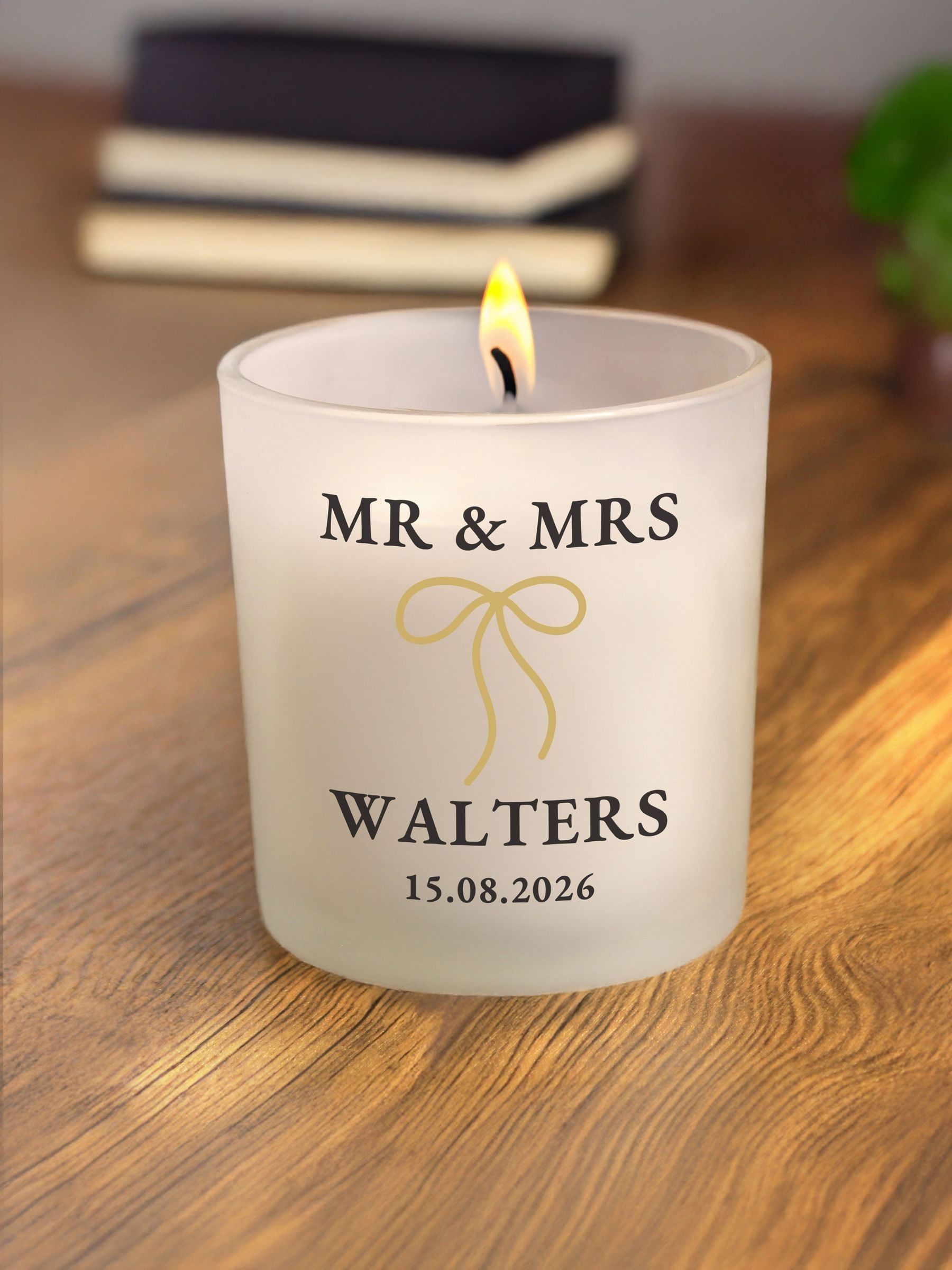 PMC personalised wedding candle jar vanilla scent gold bow 8cm, imported from the UK