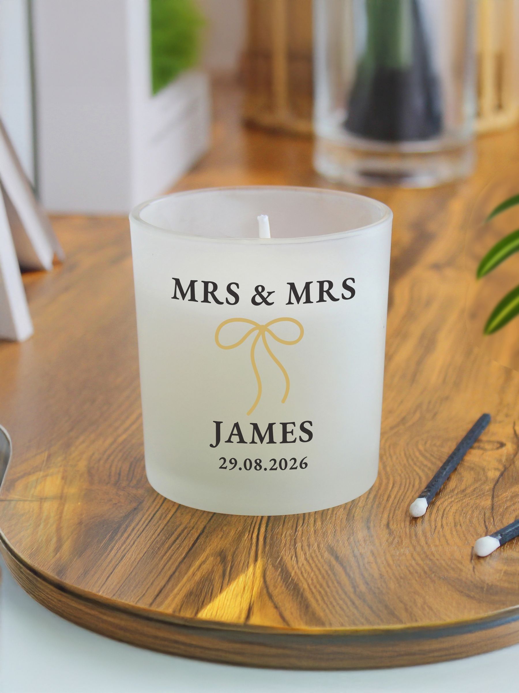 PMC personalised wedding candle jar vanilla scent gold bow 8cm, imported from the UK