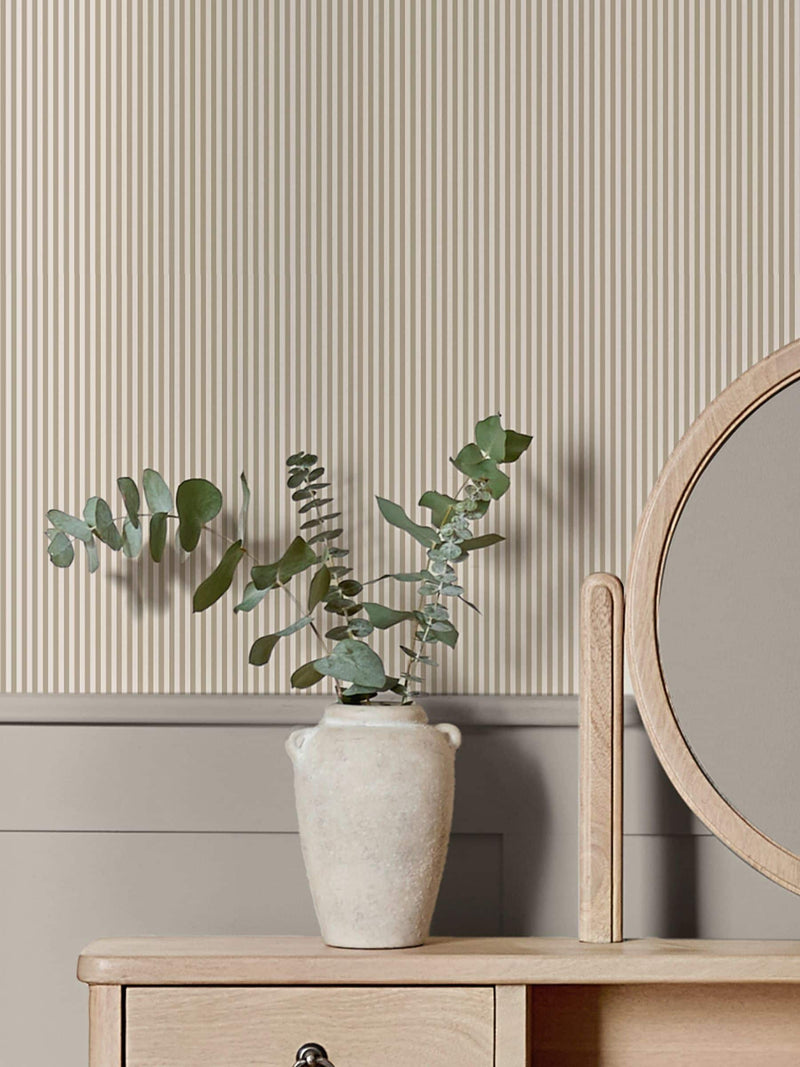 Brown ticking stripe wallpaper sample A4, UK version