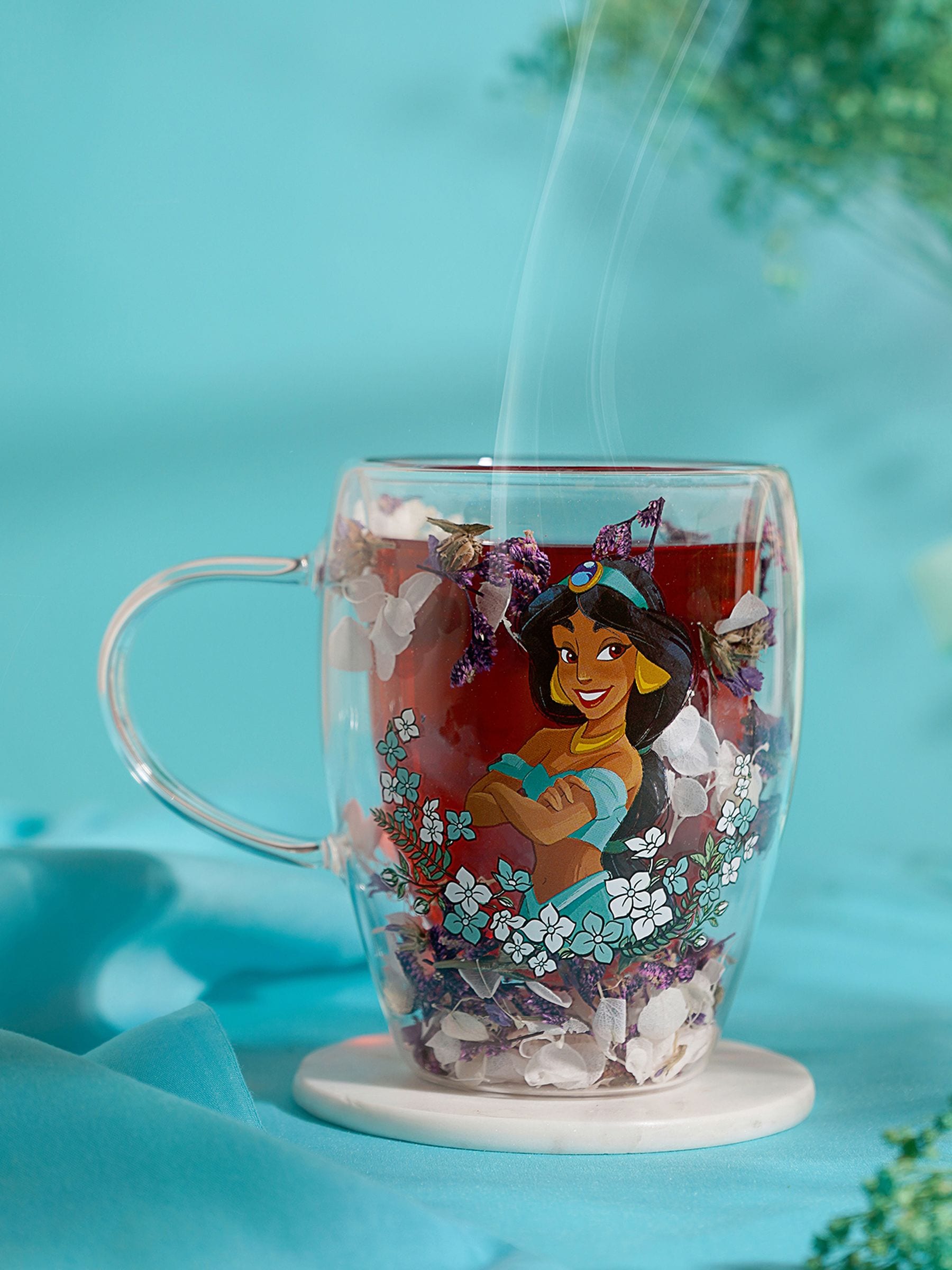 Disney Princess Jasmine floral glass mug with dried flowers (British brand)