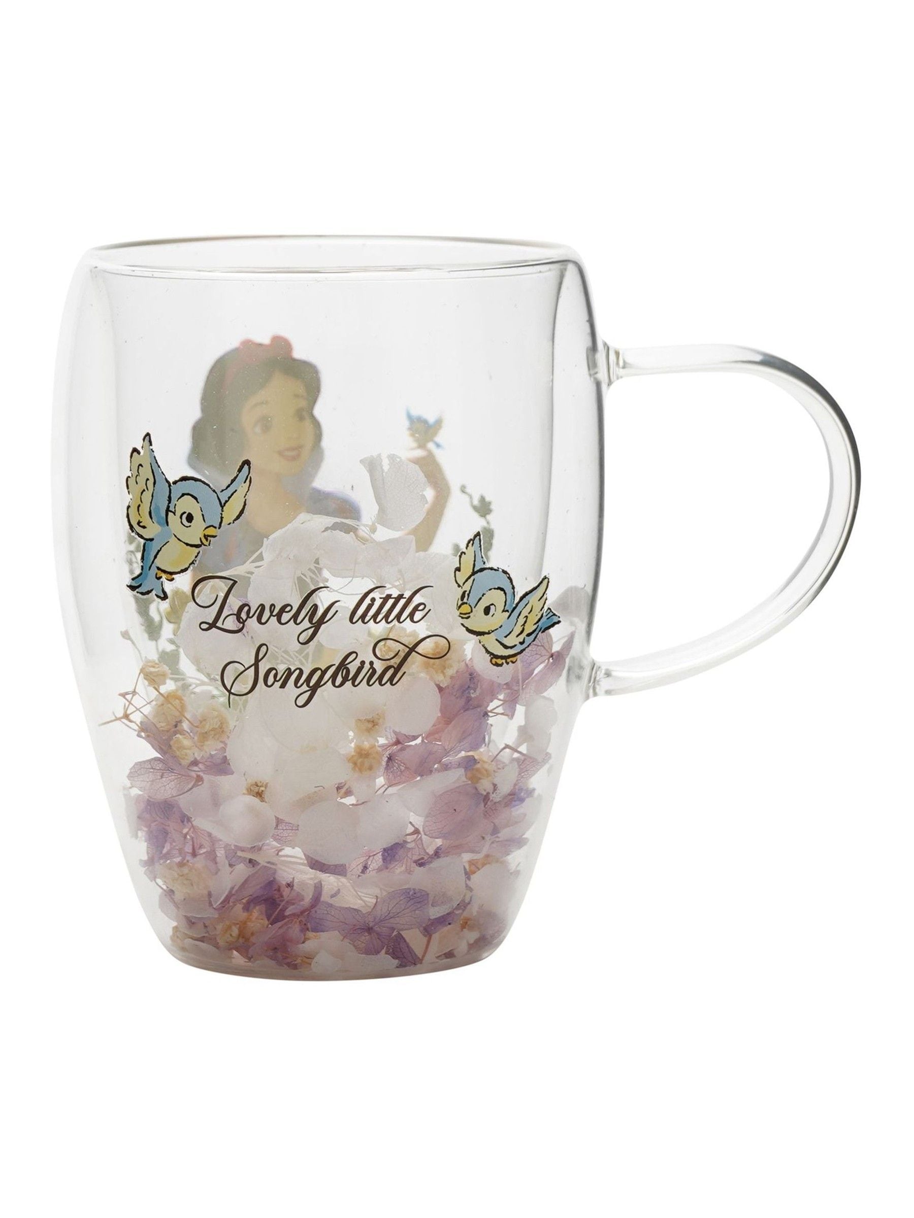 Disney Snow White glass mug with dried flowers, imported from the UK
