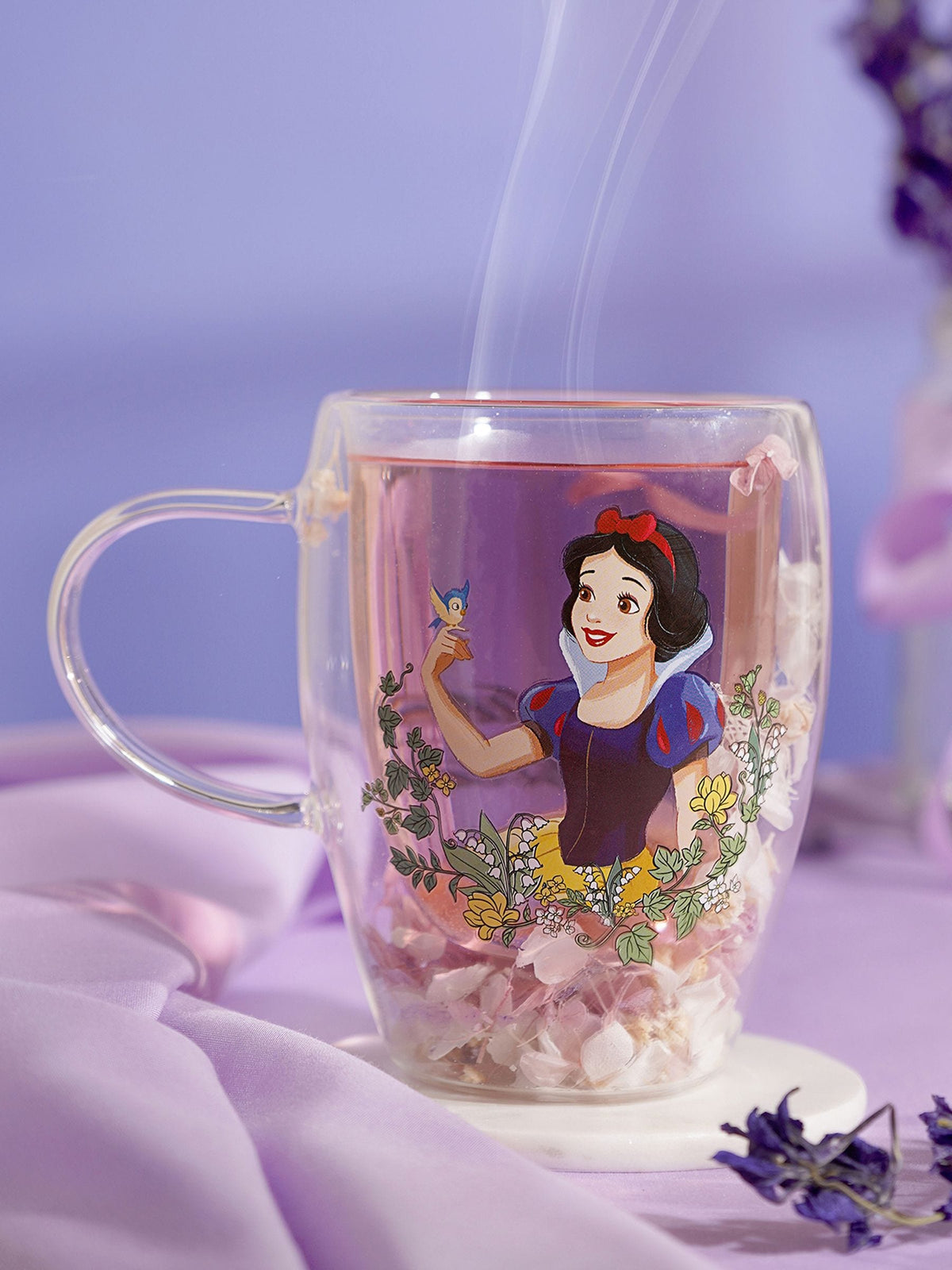 Disney Snow White glass mug with dried flowers, imported from the UK
