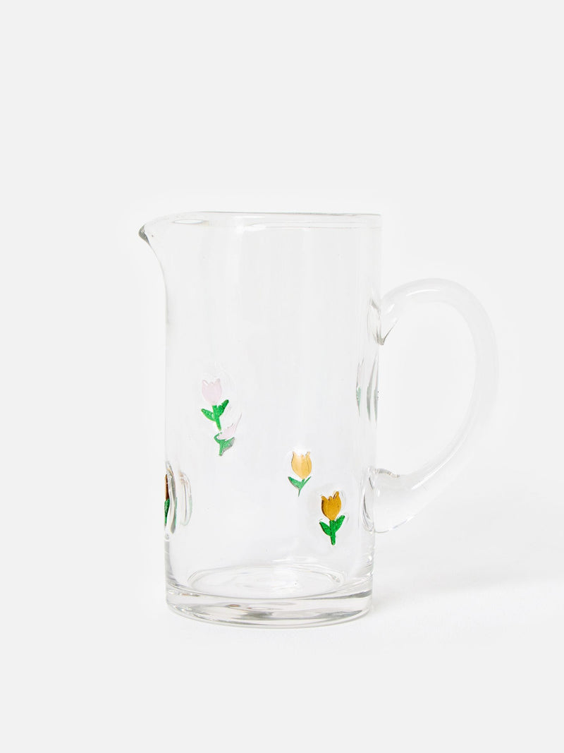 Oliver Bonas clear glass jug with tulip motifs (British brand)