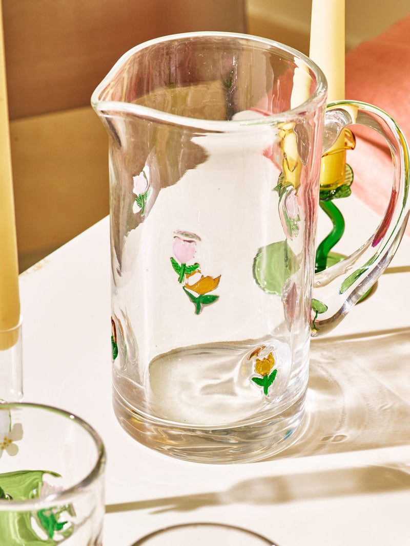 Oliver Bonas clear glass jug with tulip motifs (British brand)