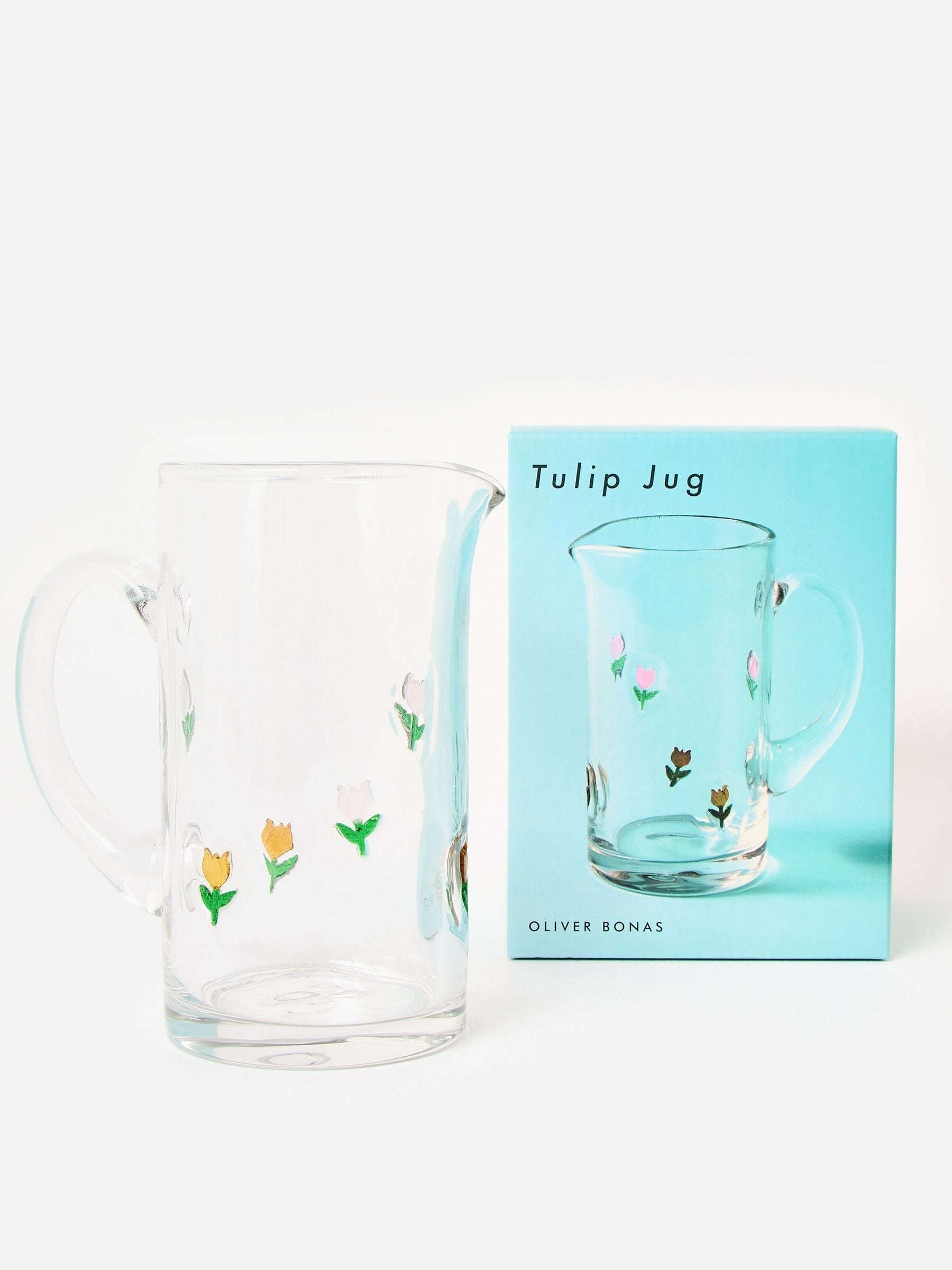 Oliver Bonas clear glass jug with tulip motifs (British brand)