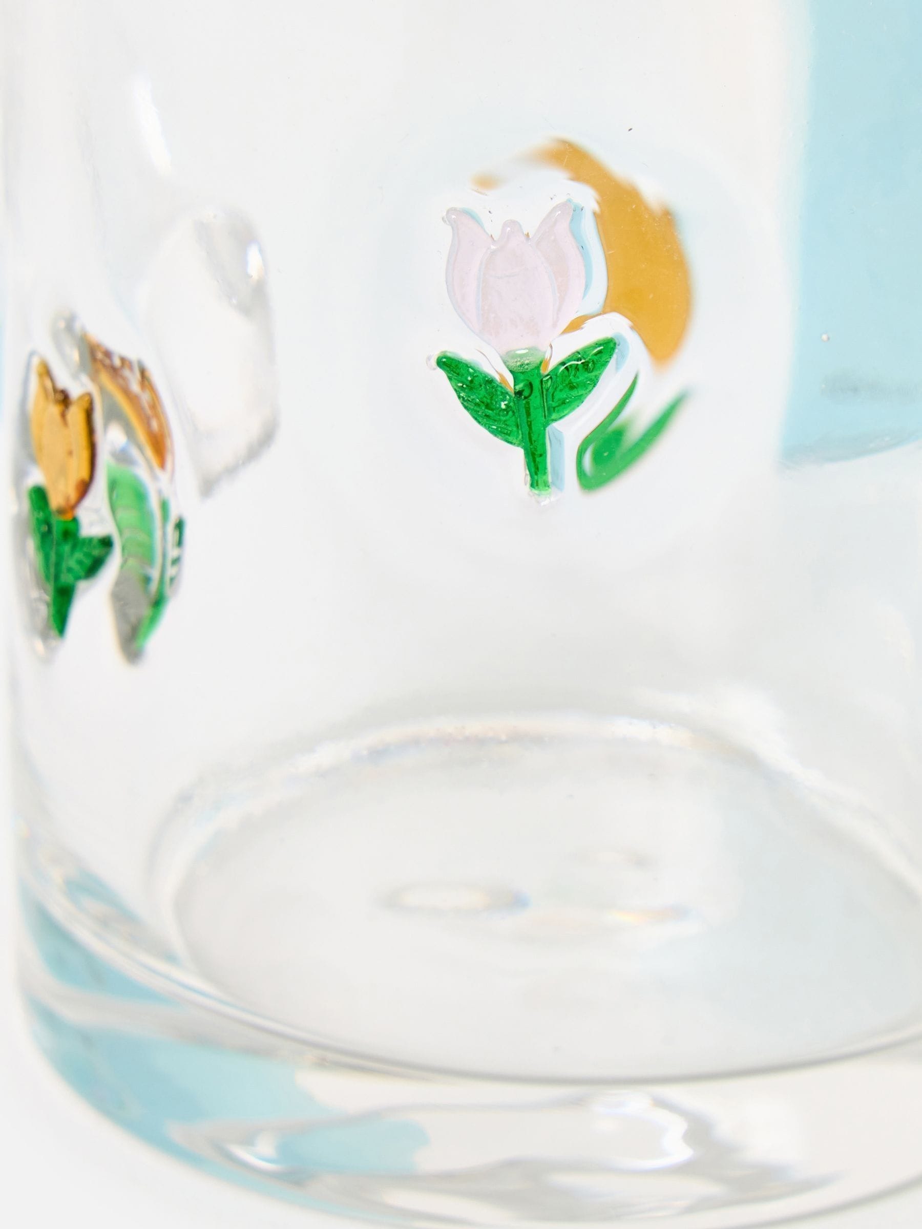 Oliver Bonas clear glass jug with tulip motifs (British brand)