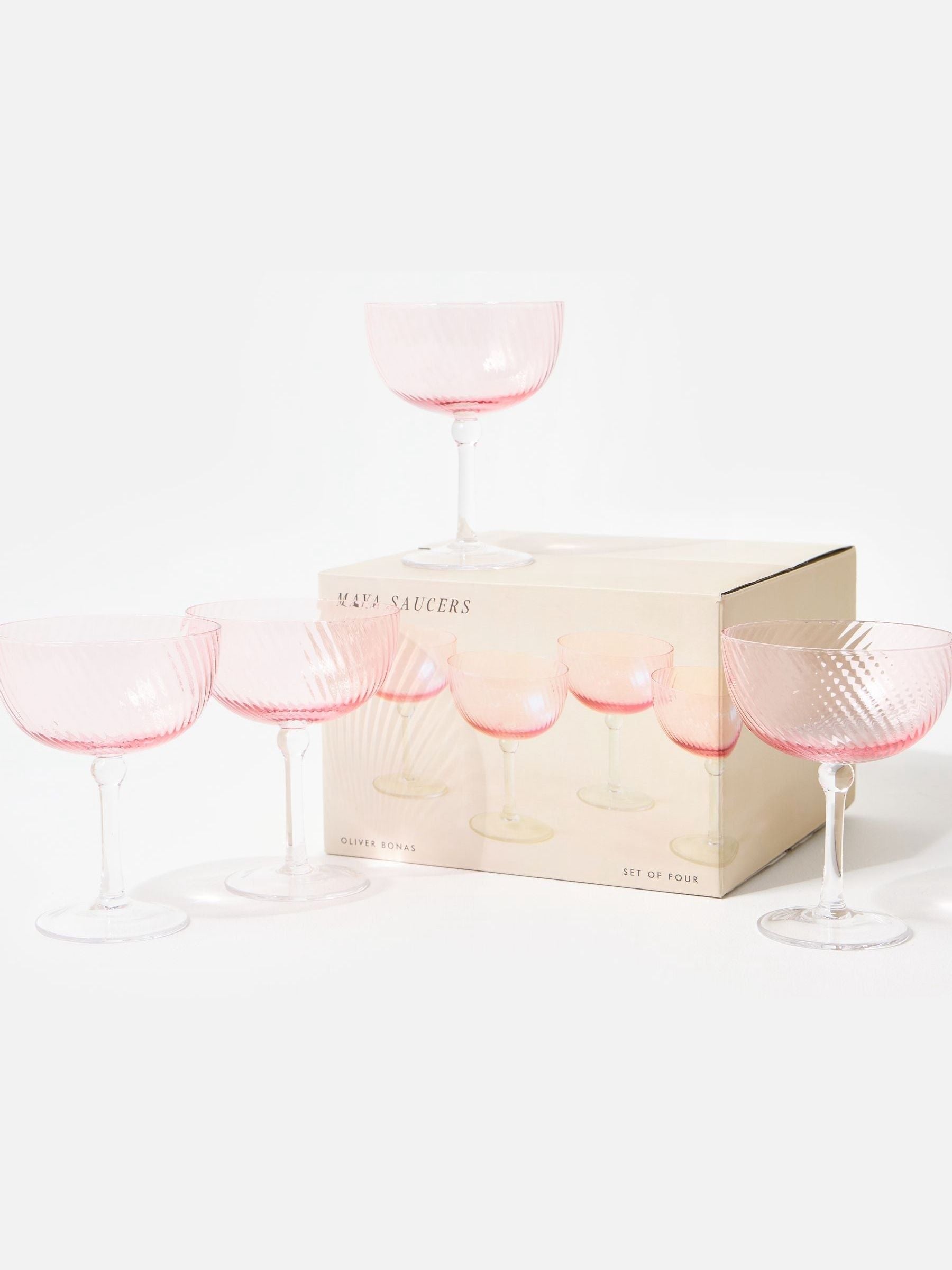 Oliver Bonas pink champagne saucer set of 4, imported from the UK