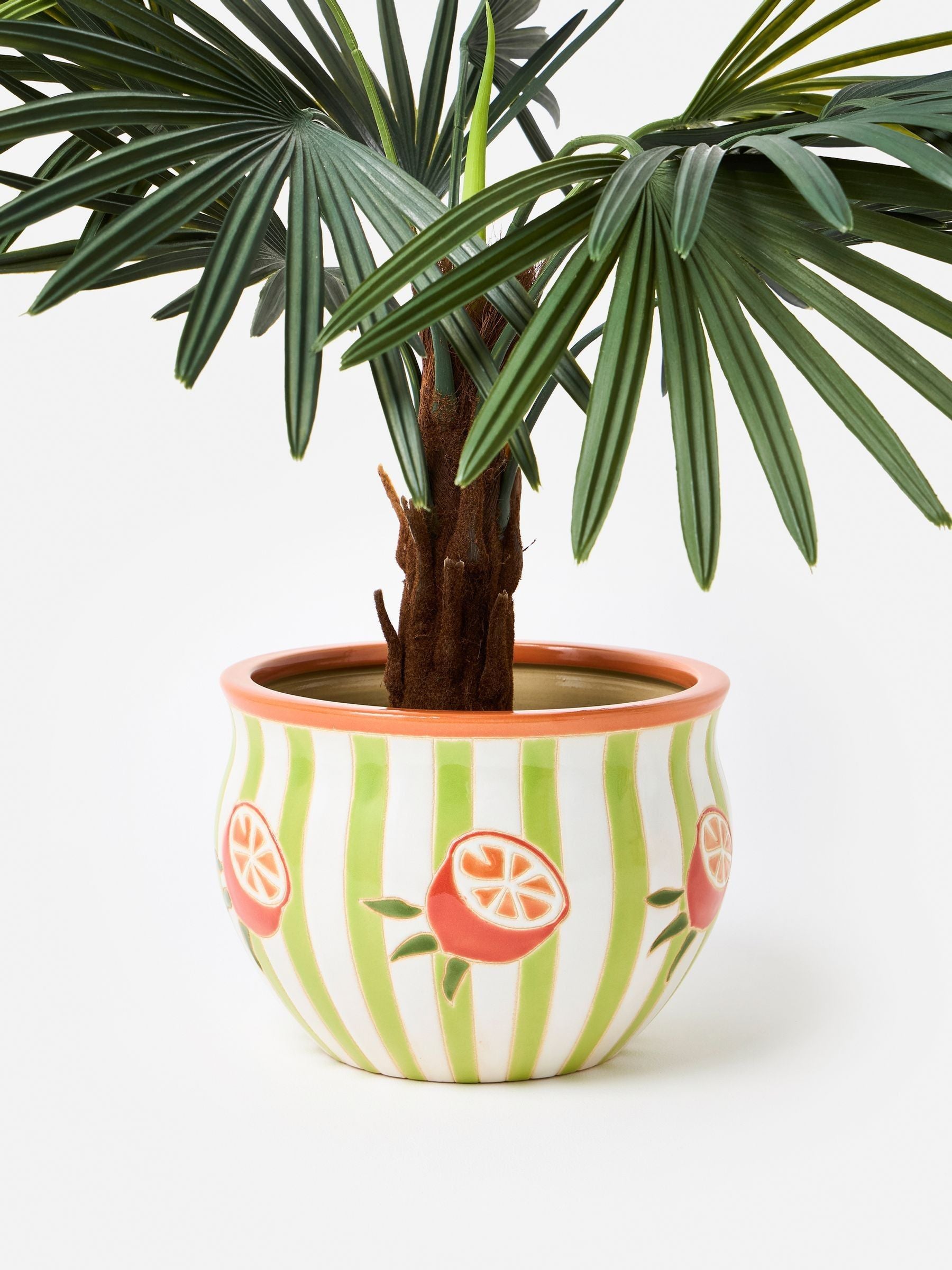 Oliver Bonas green striped orange ceramic plant pot (British brand)