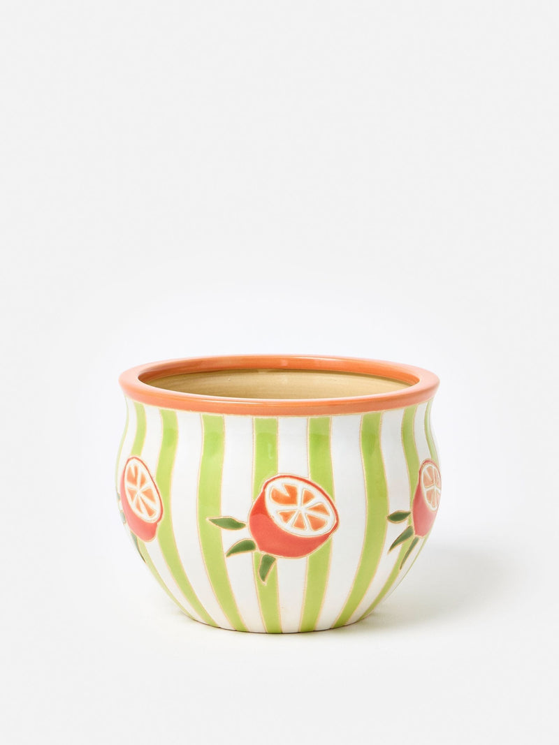 Oliver Bonas green striped orange ceramic plant pot (British brand)
