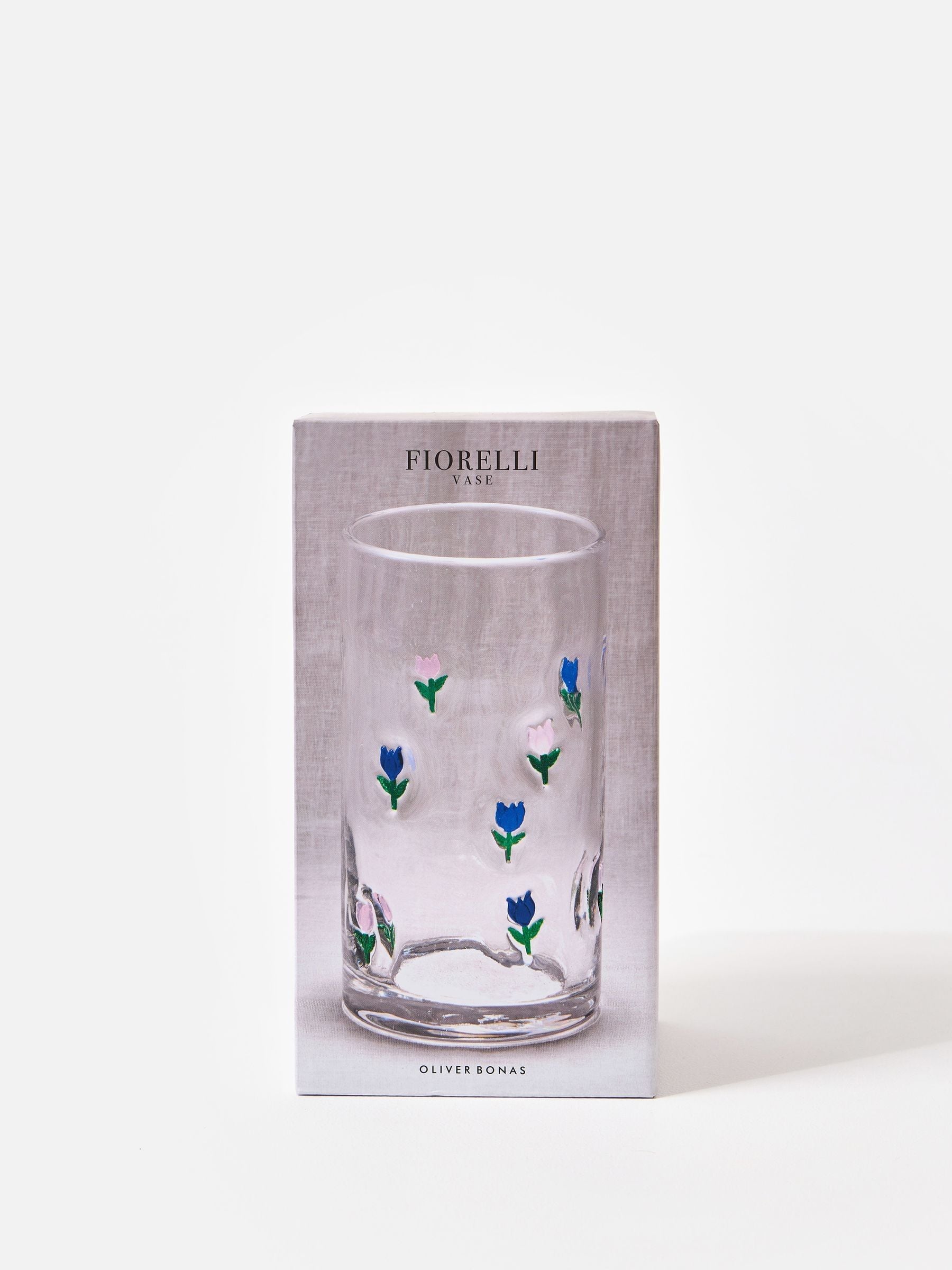 Oliver Bonas clear glass tulip vase 20cm, UK version
