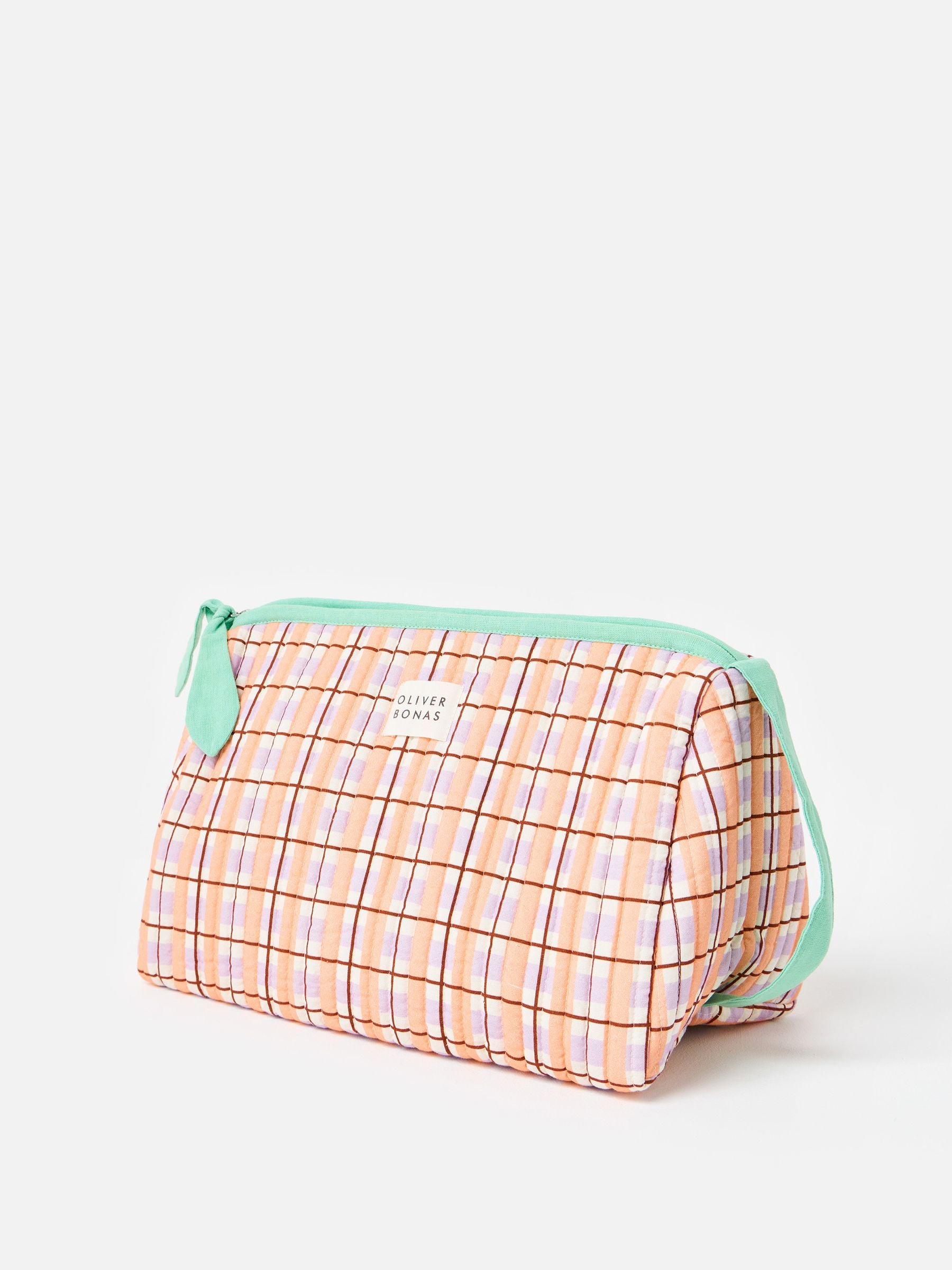Oliver Bonas pink green check wash bag (British brand)
