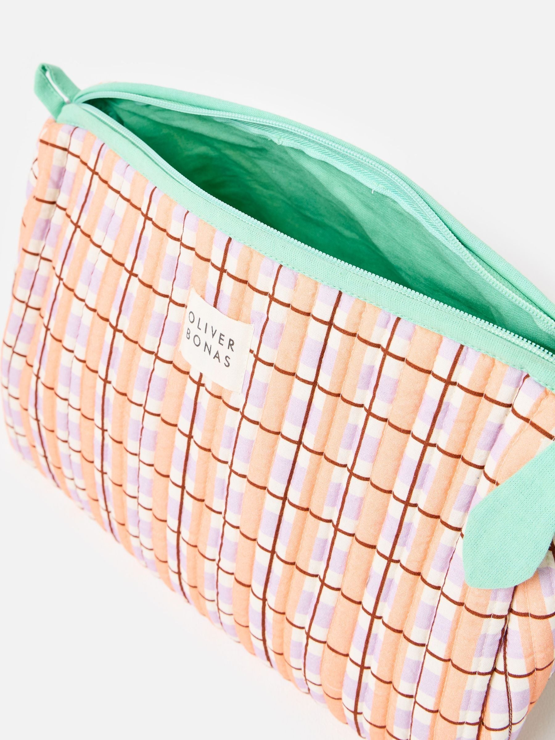 Oliver Bonas pink green check wash bag (British brand)