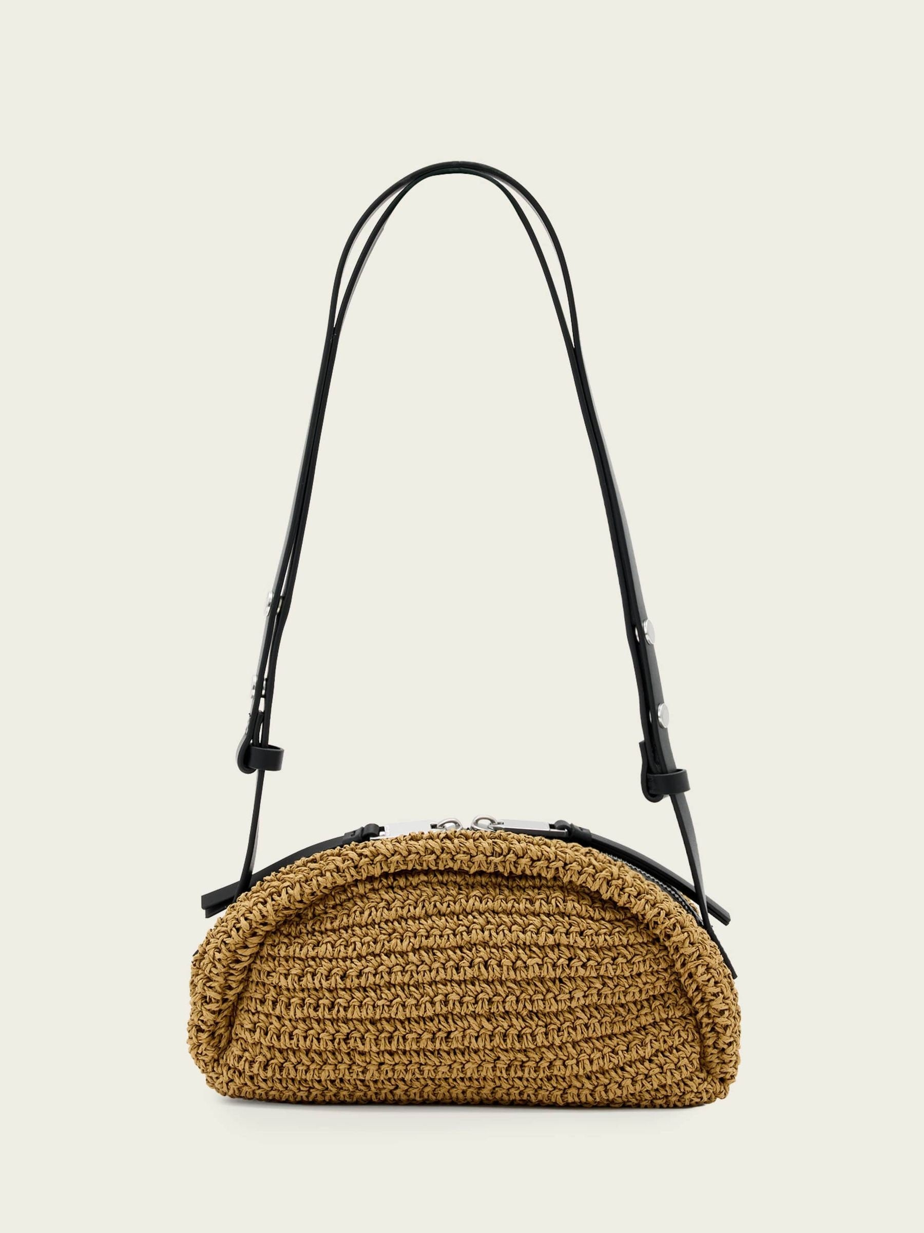 AllSaints Rosalie Arc Raffia woven paper handbag in brown (British brand)