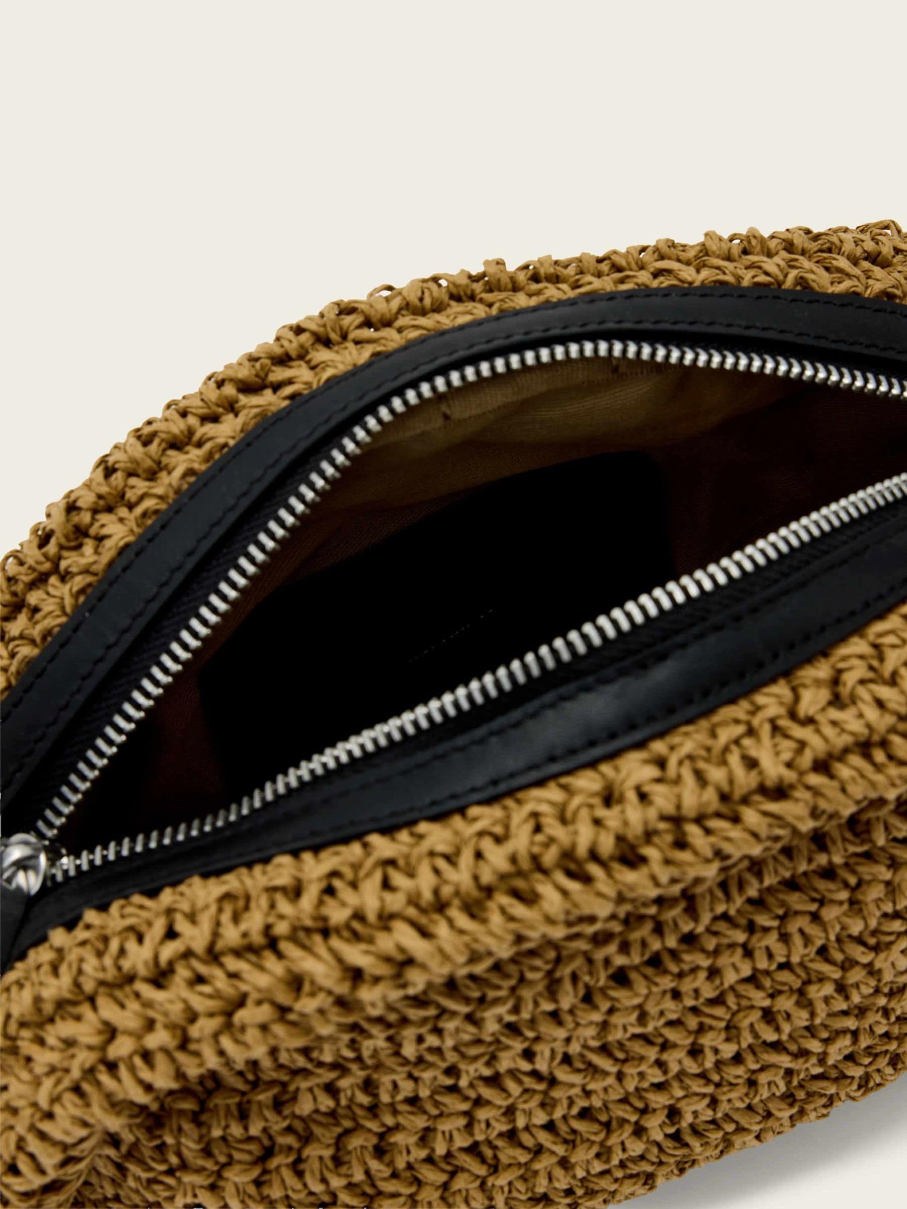 AllSaints Rosalie Arc Raffia woven paper handbag in brown (British brand)