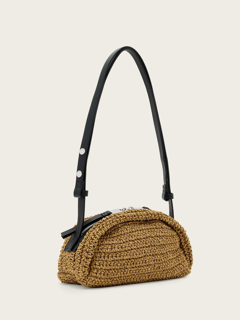 AllSaints Rosalie Arc Raffia woven paper handbag in brown (British brand)