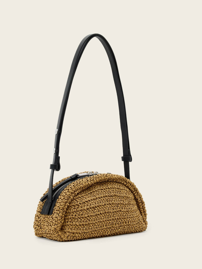 AllSaints Rosalie Arc Raffia woven paper handbag in brown (British brand)