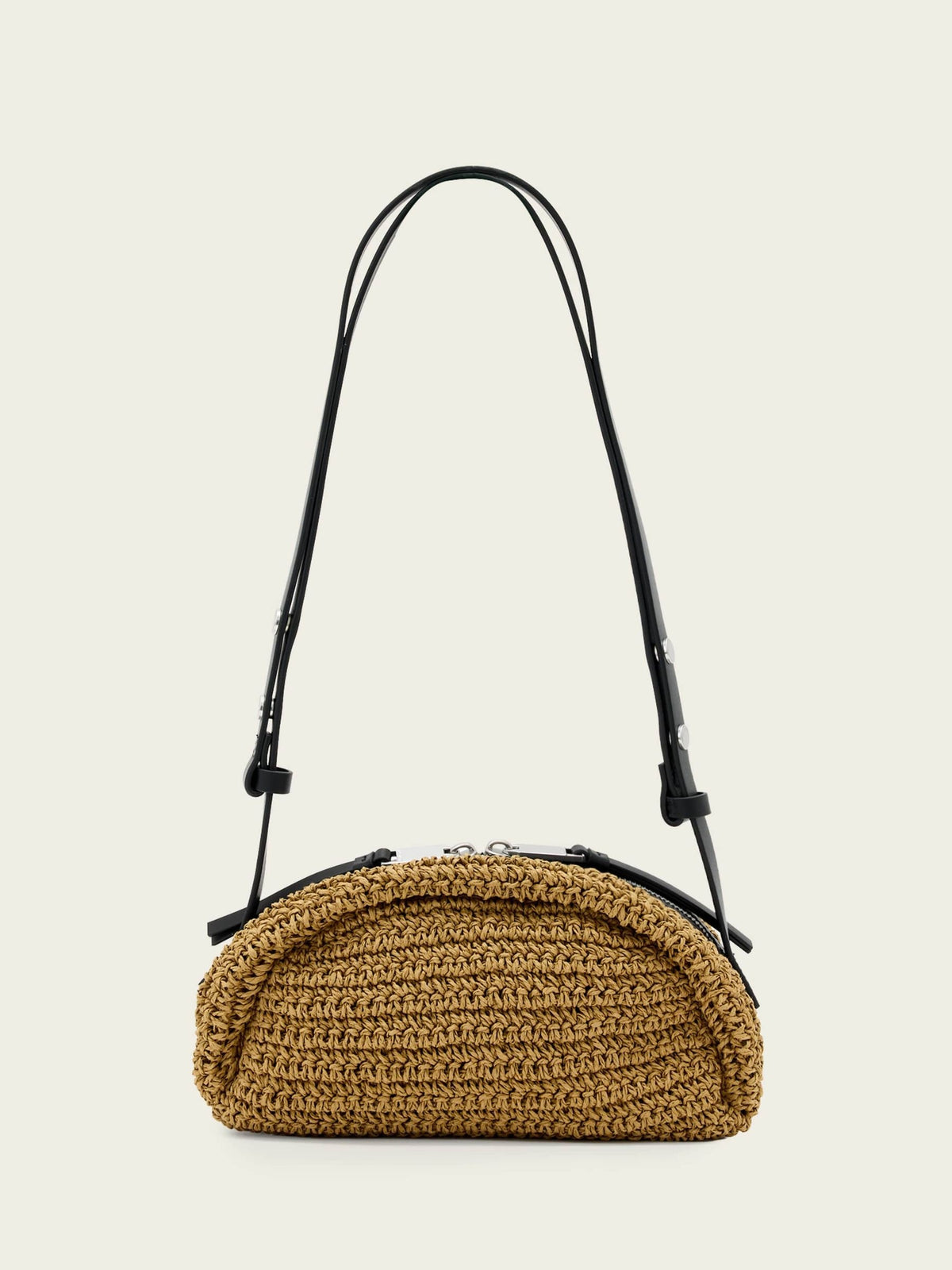 AllSaints Rosalie Arc Raffia woven paper handbag in brown (British brand)