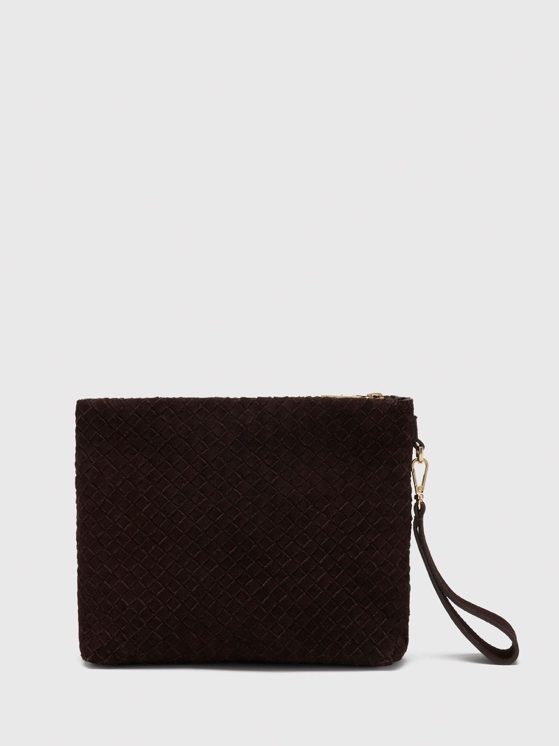 Whistles brown woven suede zip clutch (British brand)