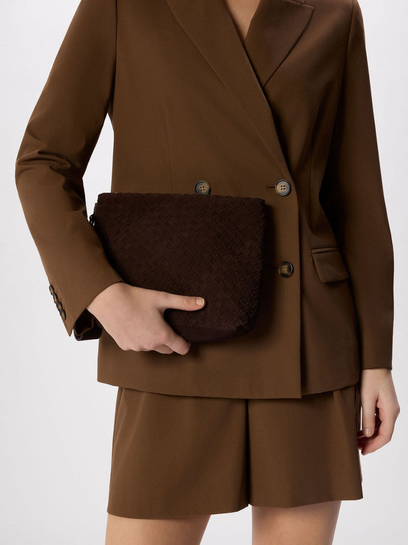 Whistles brown woven suede zip clutch (British brand)