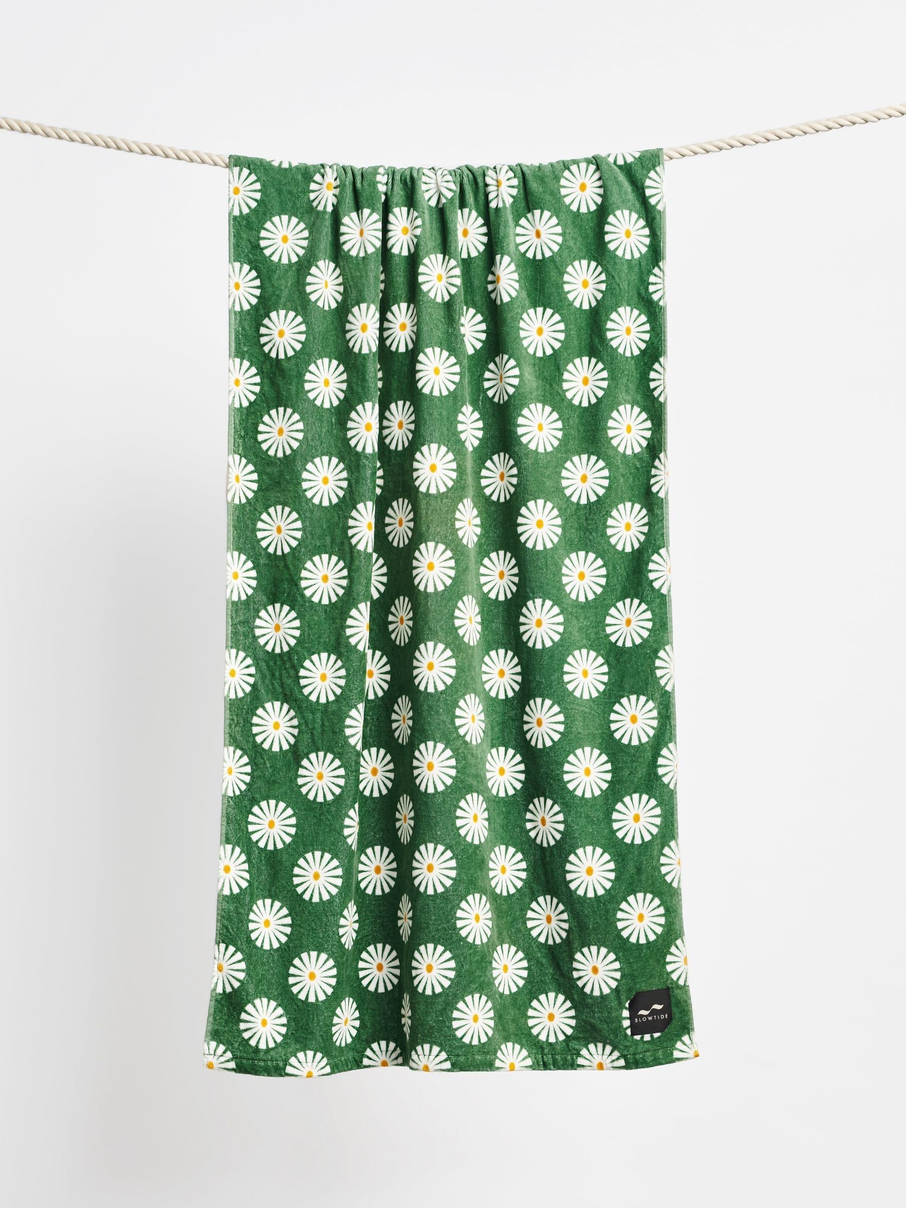 SlowTide Green Sun Dazed artistic beach towel 30x60 inches, imported from the UK