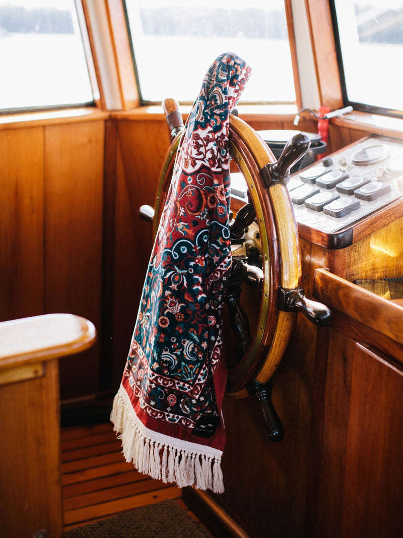 SlowTide Burgundy Haven cotton artistic beach towel, imported from the UK