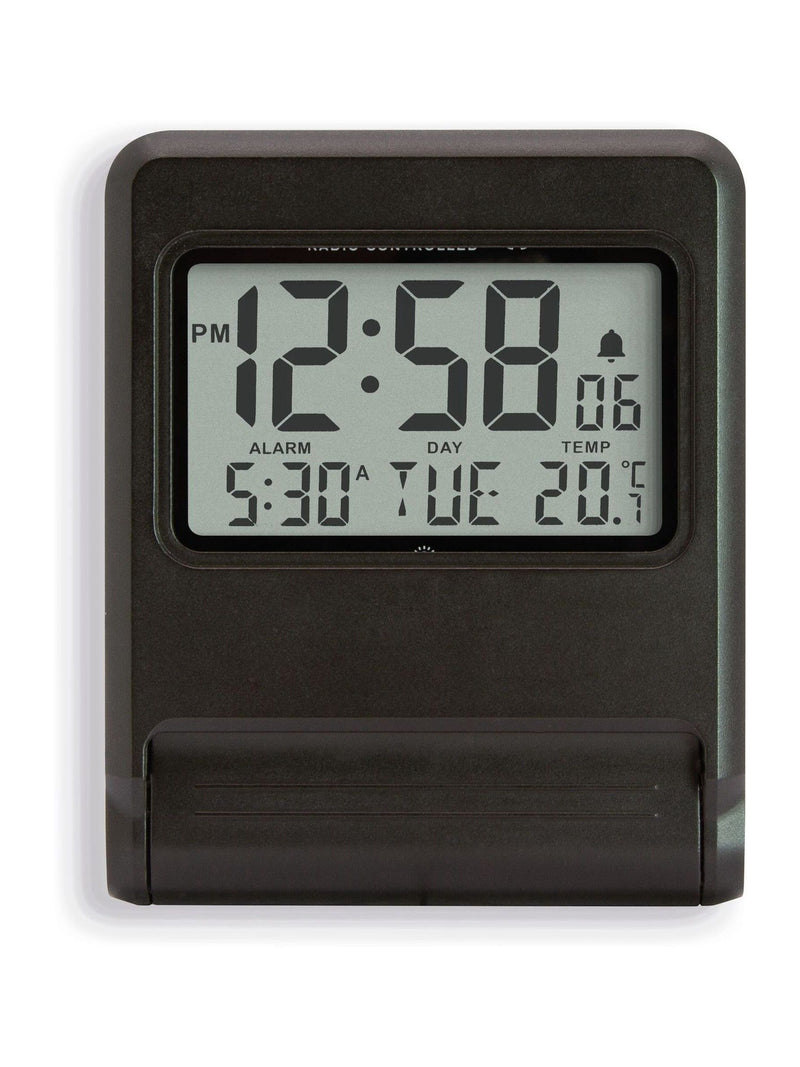 Acctim Skylab travel alarm clock black gold tone, UK version